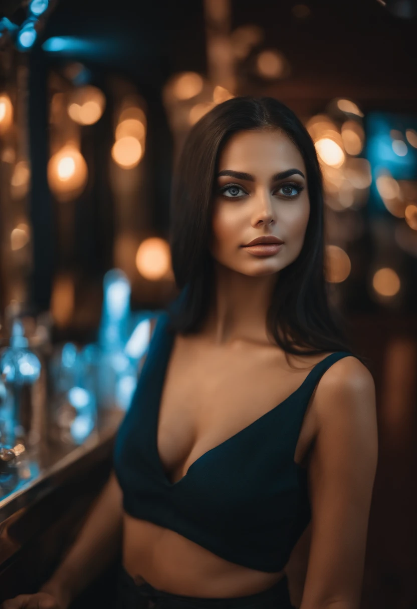 Full body of Sexy indian girl with blue eyes, posing in a nightclub,  portrait sophie mudd, Portrait de Corinna Kopf, black hair and large eyes, Selfie einer jungen Frau, ohne Make-up, Natural makeup, Blick direkt in die Kamera, Gesicht mit Artgram, dezentes Make-up, Great full body photo, im Zimmer, big boobs, Blond, Latein