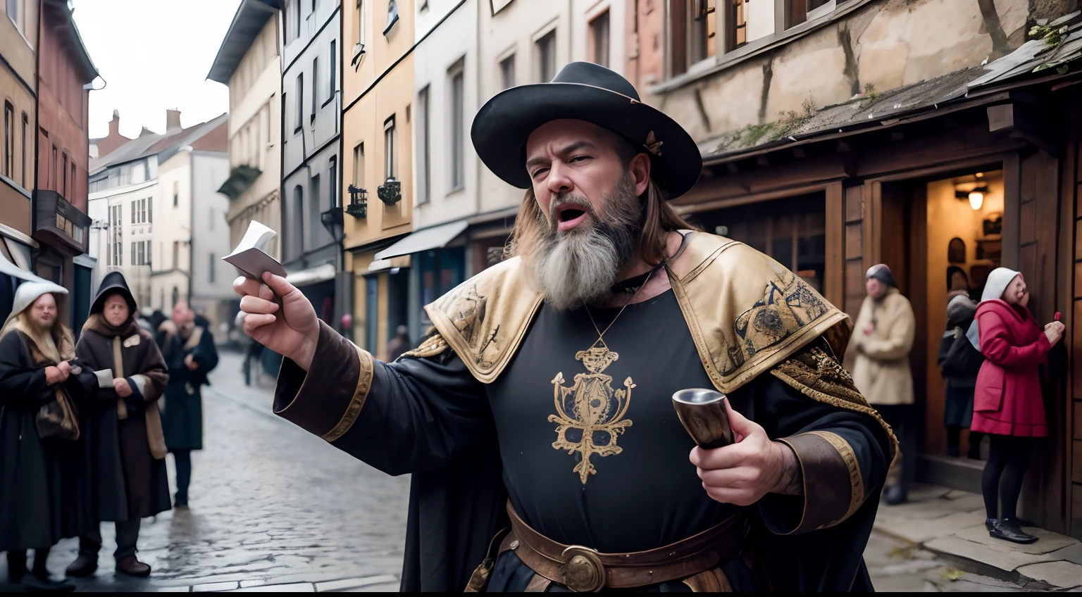 A medieval herald on a medieval street loudly chants an announcement, Addressing the townspeople, dressed in early medieval clothes, (Expressive articulation:1.4), A medieval herald on a cobbled street in an early medieval town, Alert on important news. He is dressed in traditional medieval attire, with a long cloak and hat, decorated with feathers. His face is weather-beaten and expressive, with detailed eyes, Strong nose, and a thick beard. In one hand he holds a scroll, and in the other bell, (Best Quality,4k,8K,hight resolution,Masterpiece:1.2),Ultra-detailed,(Realistic,Photorealistic,photo-realistic:1.37),HDR,UHD,studio lightning,ultra-fine painting,sharp-focus,physical based rendering,extreme detail description,Professional,Vivid colors,bokeh