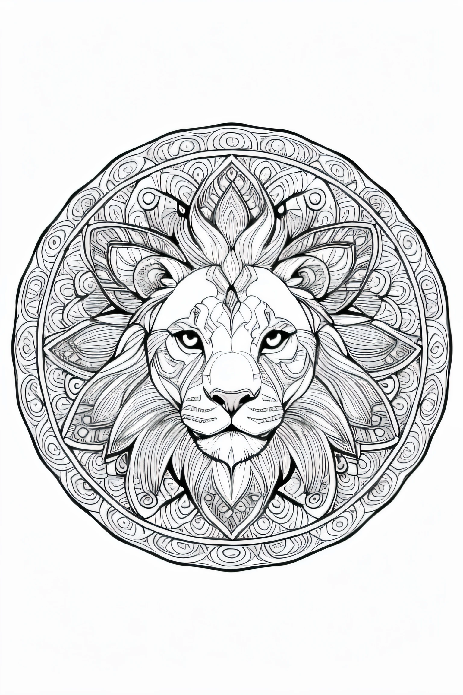 Coloring Page for Adults, Bold Lines, Dark Lines, Mandala Puppy Body, Mandala Lion Face, Mandala Face, Symmetrical, White Background, Clean Line Art, Thin Line Art