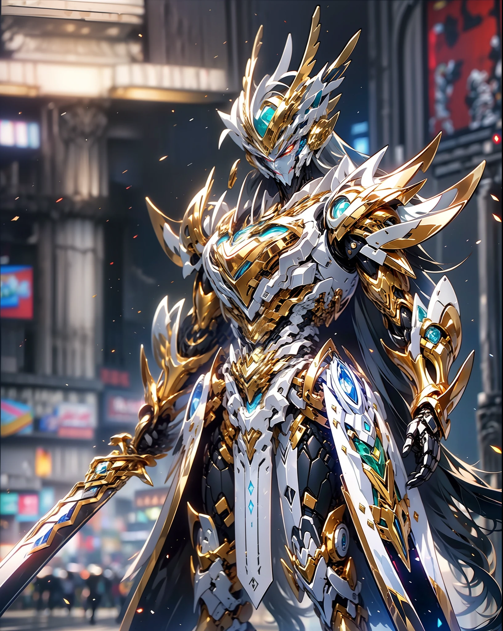 super wide shot, Full body frontal photo,Mecha male warrior， Jade Emperor style,《The mech colors are gold and silver-white》，（《Holding the Xuanyuan sword》，The sword is full of futuristic technology，），（Full body mecha）, Keqing from Genshin Impact, (Masterpiece) ， The best quality， High quality，Gold armor，电影灯光， （Exquisite future）， Beautiful and beautiful， Ultra detailed， great composition， Floating， Depth of field， （Very detailed CG，Unity 8k壁纸）， （Beautiful detail background）， dramatic lights， GOGETTA， Mecha，best qualtiy，超高分辨率，