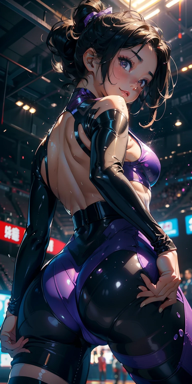 -yeld gi 独奏, Wearing transparent tights that fit snugly in a purple bodysuit、With a thin fabric that emphasizes smiling buttocks、Super close-up looking up from below、gymnast、masterpiece, top-quality, realisitic, ultra-detailliert, (shinny skin, Sweating: 1.4), Versatile sexy poses、short dark hair, Brown-eyed, slender, dynamic light and shadow, hight resolution, foco nítido, depth of fields, Narrow-eyed, Sharp pupils, Realistic pupils, (breasts are small: 1.6), (Thigh thickness: 1.0),Gymnastics Stadium