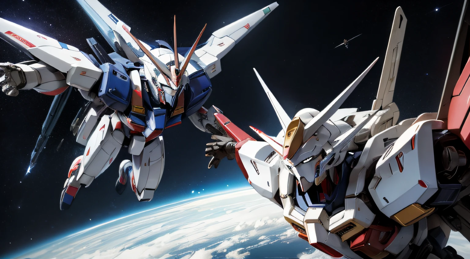 BlueＺGundam、Mobile Suit Robot、Engage enemy robots、flying in space