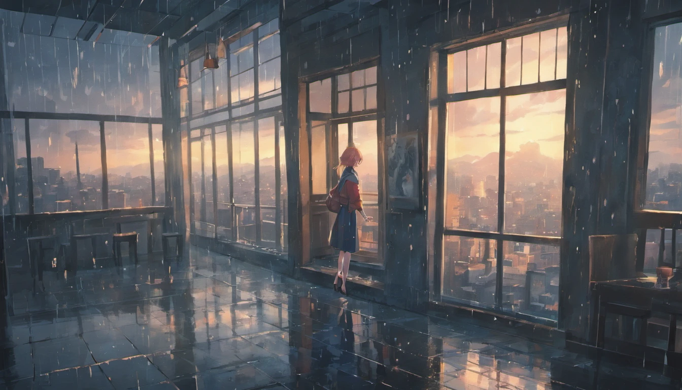 (best quality, highres, masterpiece:1.2), realistic, atmospheric, rainy scene, open window, raindrops, wet glass, blurred cityscape, cozy atmosphere, dim lighting