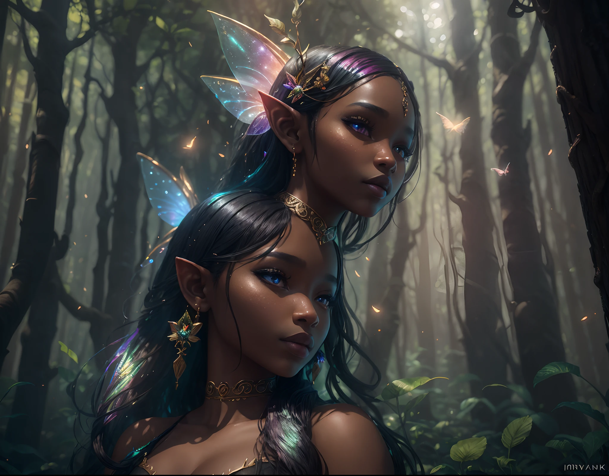 "1 beautiful black fairy woman with African ethnicity. A stunning, ethereal depiction of a mesmerizing Flower Fairy in a fantasy realm. The fairy has delicate wings and is adorned in vibrant floral attire., radiating an unearthly glow. doggystile, surreal, TESO, Panas, highy detailed, Spitz, proffesional, 8k hd, twilight, film, tenebrosa, violent, plein-air, Riu, buttler, chase, Dramatic, vivid, Clima TESO, rendered, epic, twilight, nffsw, Tiered, snowstorm, lightning, disaster