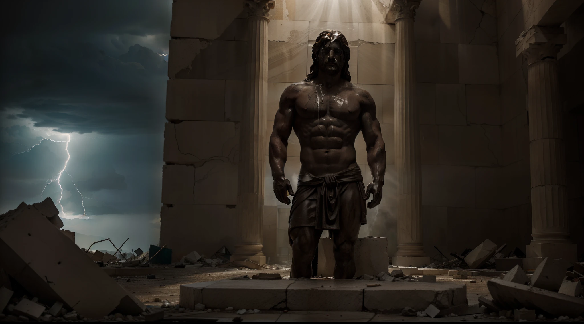 Zus Greek statue marble sculpture portrait of a face of god in a destroyed place, barba, musculoso, corpo inteiro, with a spleen lifting a lightning bolt, Cinematography, epic light and shadow, Alto contraste, fotografia profissional, - Backgroud espartano