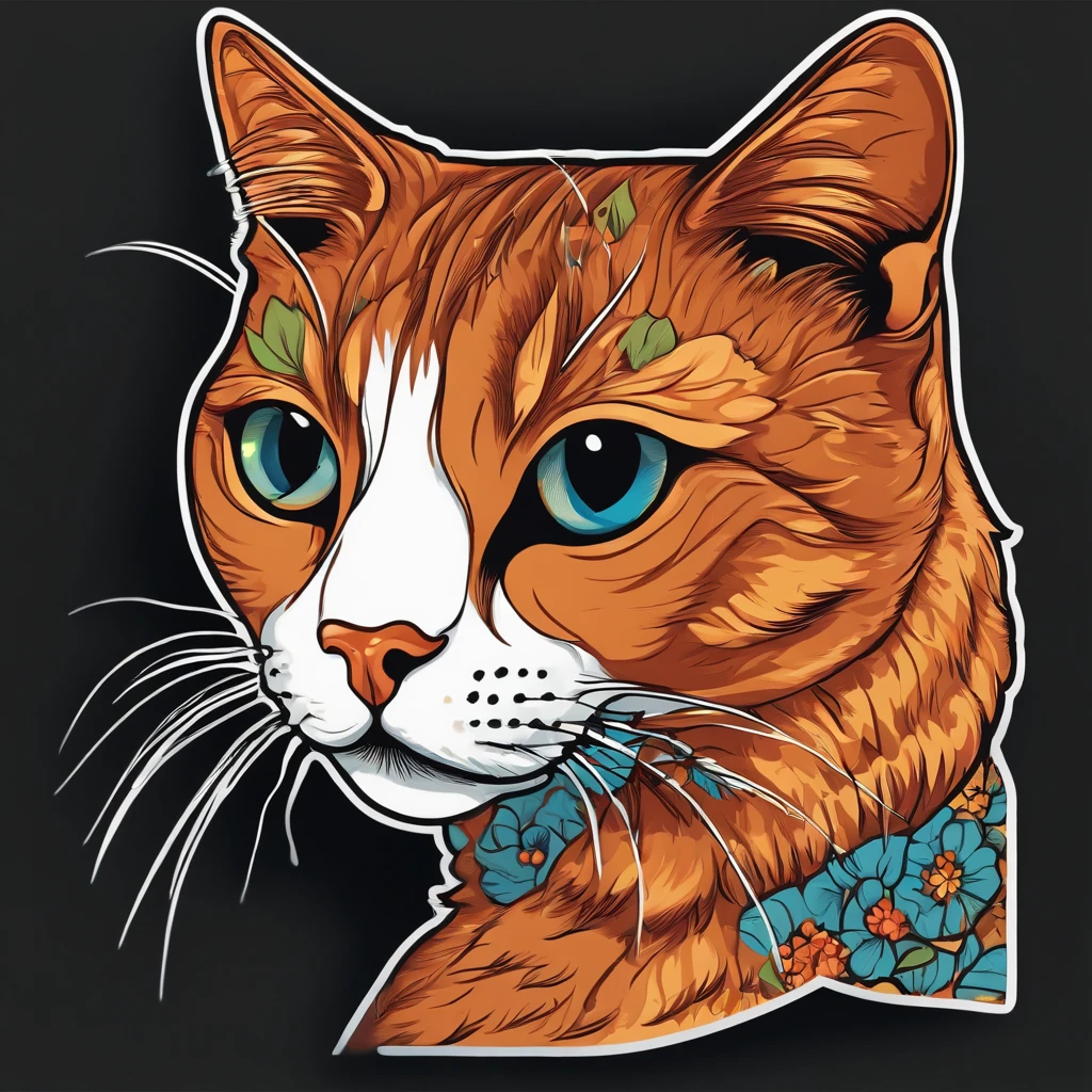 Imagine Prompt: ((Illustration of cat and sticker isolated on black background)), Bold outline style, Light Shadow - V 6.0、((Farbe々In color))