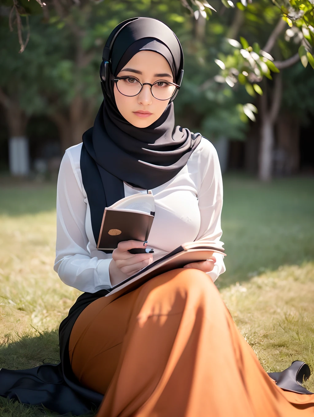 3DMM, ((Masterpiece, best quality, photography, cramel skin, realistic, photo-realistic, 8k, highly detailed, full length frame, High detail RAW color art, diffused soft lighting, shallow depth of field, sharp focus, hyperrealism, cinematic lighting, hijab, a woman in a light makeup, smokey eyeshadow, beautiful almond eyes, long eye lashes, round glasses, wearing (black satin hijab), loosely tide hijab style, ), satin long maxi skirt, reading while listening to music, headphone, laying under tree, garden, orange teal colour