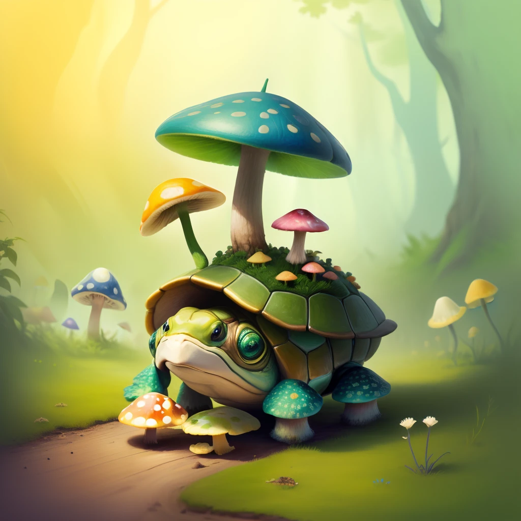 a humanoid turtle with mushrooms and spores growing out of its shell carrying a staff