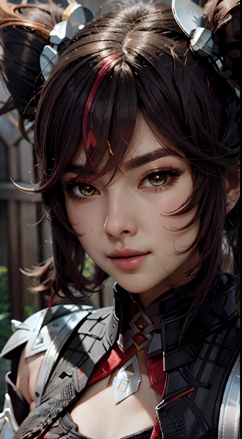 closeup shot, face, detailed eyes, shiny, shiny hair, cinematic, face,  xinyan \(genshin impact\)