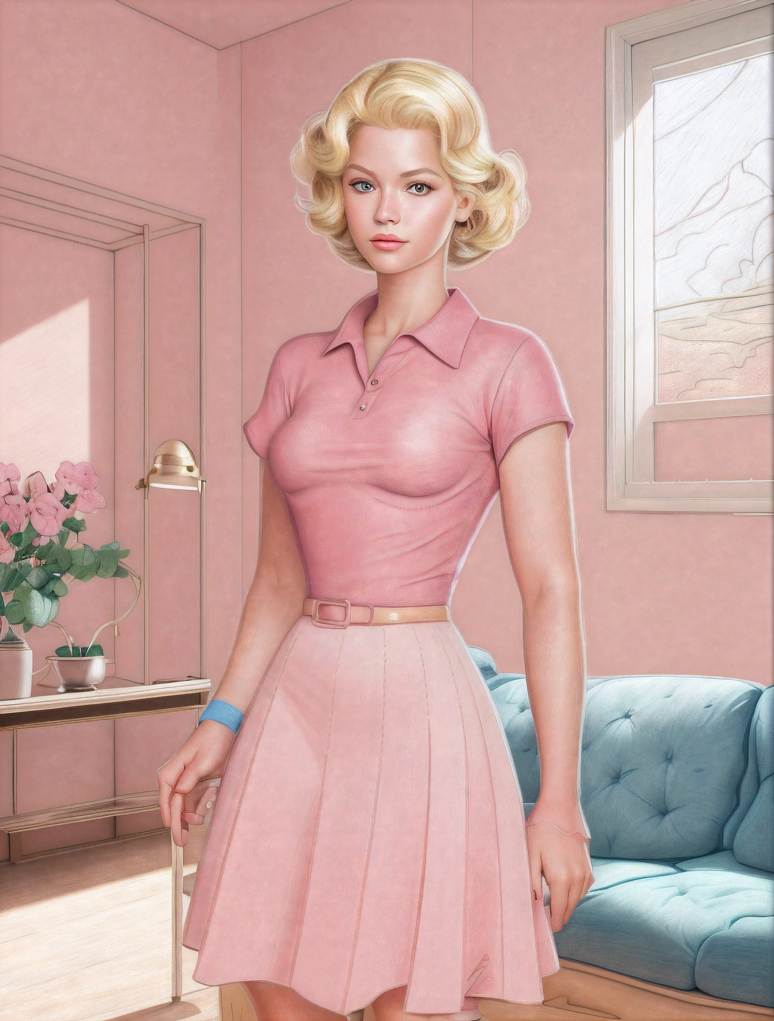 ((colored pencil drawing)) of woman posing wearing skirt in a living room, (detailed face:0.4), (detailed eyes:0.3), (details:0.5), (hires:0.5), (blonde:0.9) hair, (pink:0.9) clothes, (light background:0.8), ((flat))