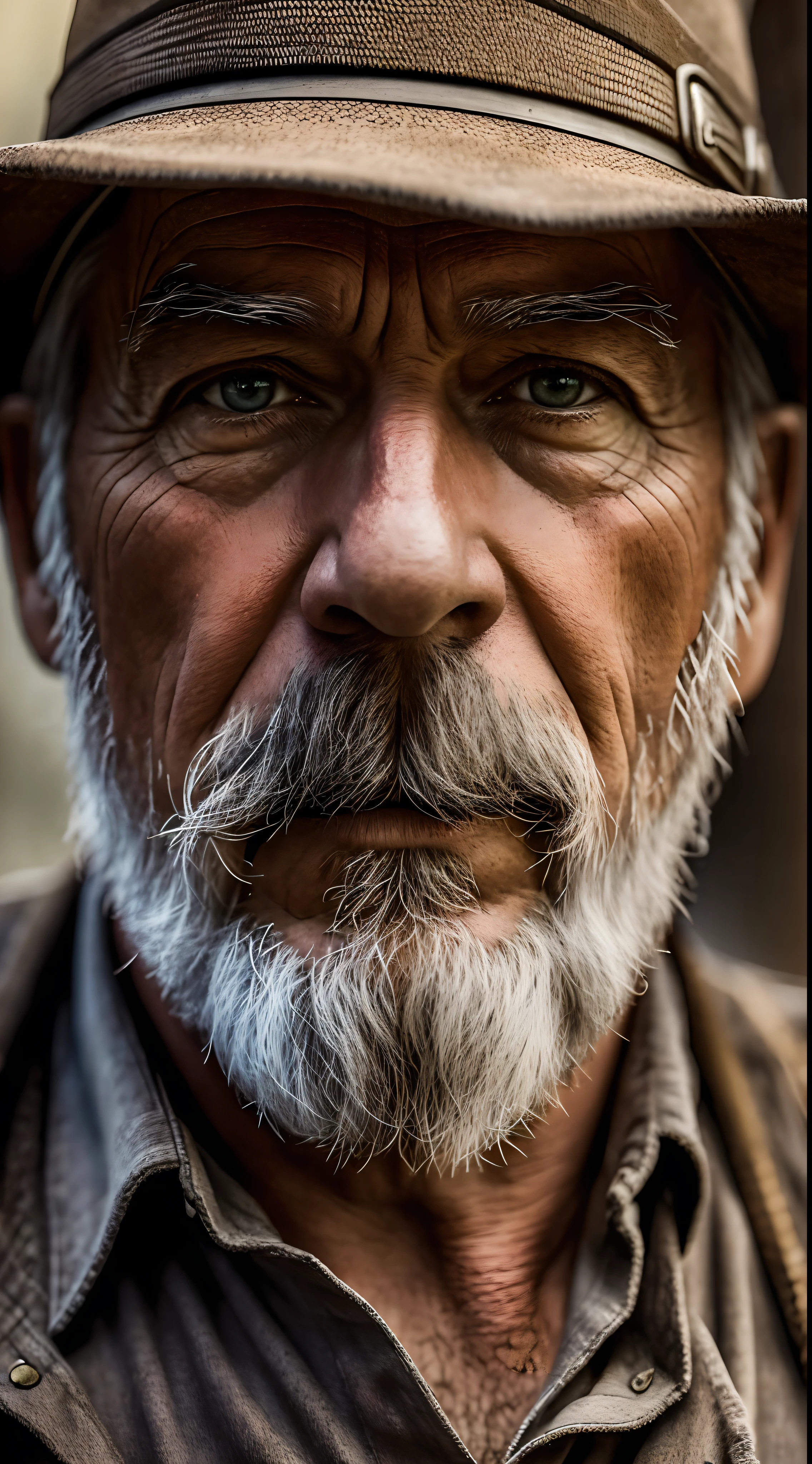 Sharpen, intaglio, hyper photorealism，closeup cleavage, Best quality, Ultra-detailed, Photorealistic 1.4, Super detailed skin, Natural hair color, (1 American man), 76 years old，miners,(Solo),traditional garb，in a city at night