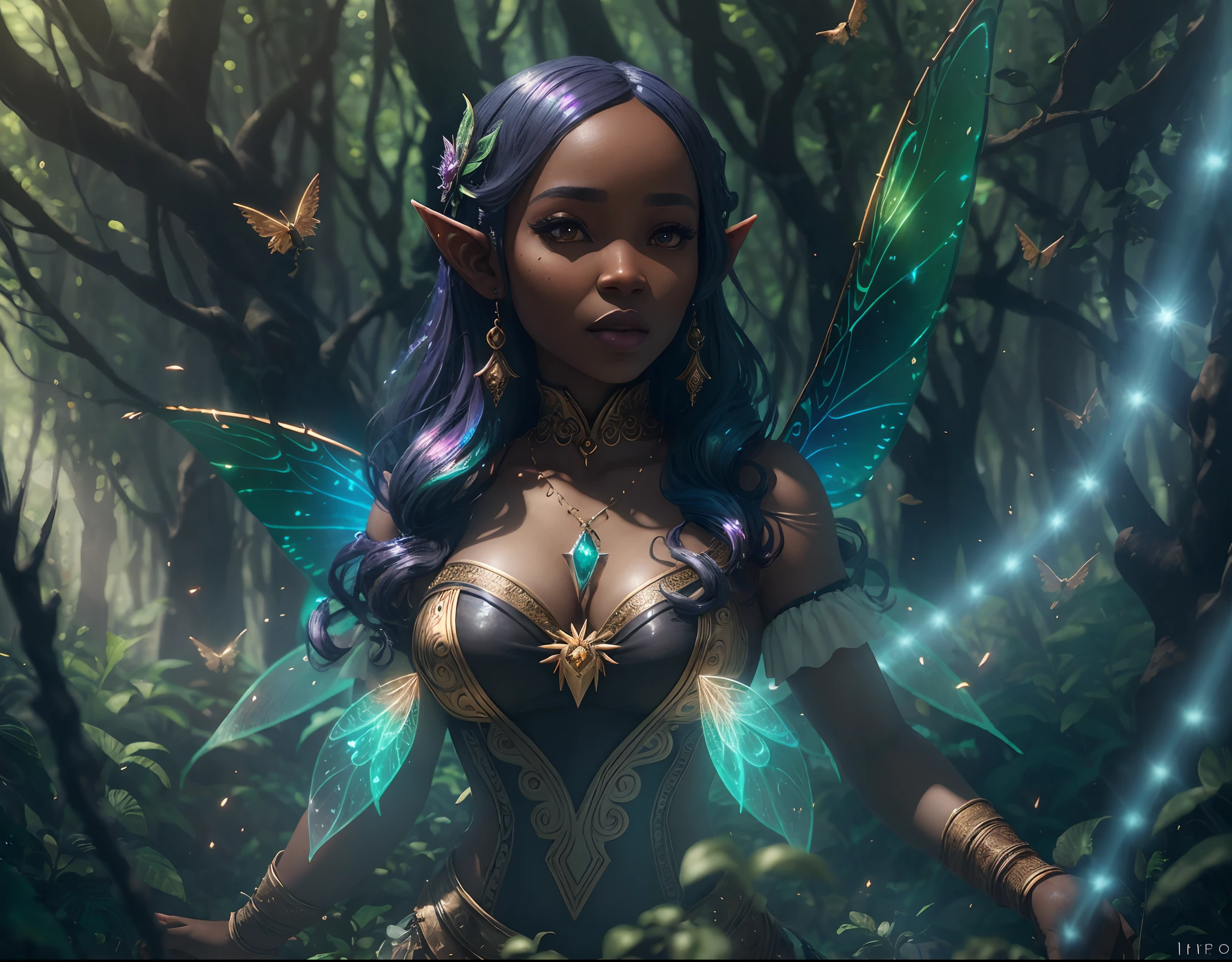 African woman in a fairy forest full of black elves, tiny fairy angels flying, mystical forest with fairy dust in air shining, with iridescent light, 32k, ultra HD, unreal engine rendered, cinematic lighting, artgerm style, cgsociety 9, deviantart, art by Bella kotak, octane 3d rendering, masterpiece, highly detailed images --auto --s2