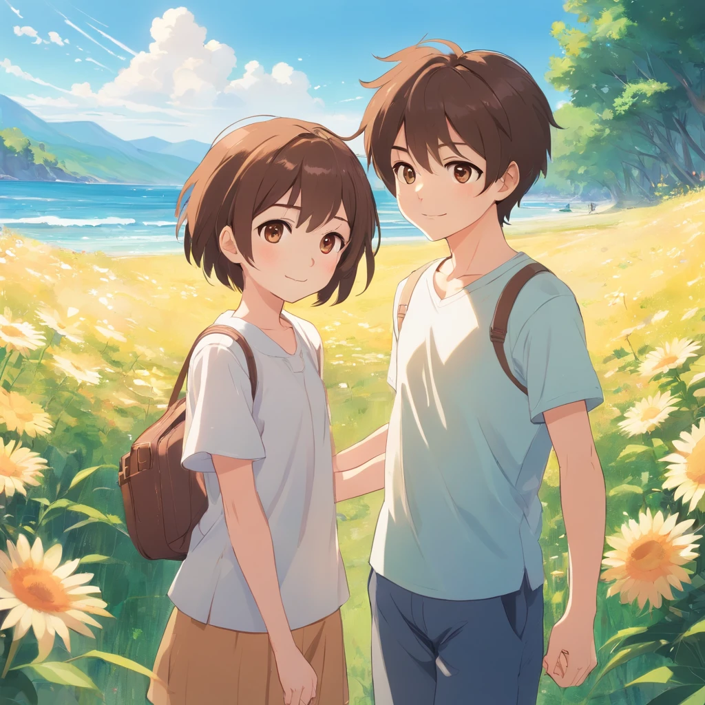 Beautiful girl with short brown hair and brown eyes and white skin Beautiful child and a boy with short brown hair and brown eyes and white skin Happy child together on a sunny day