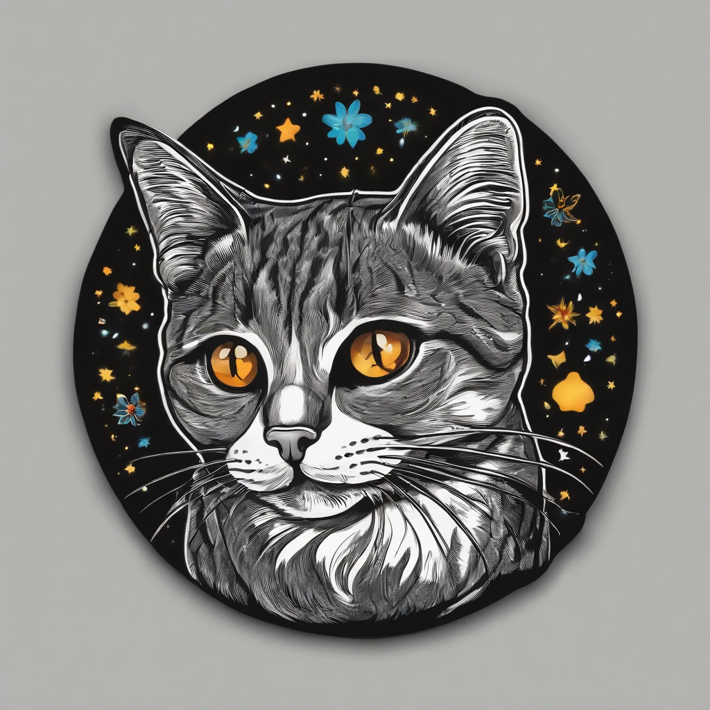 Imagine Prompt: ((Illustration of cat and sticker isolated on black background)), Bold outline style, Light Shadow - V 6.0、((Farbe々In color))