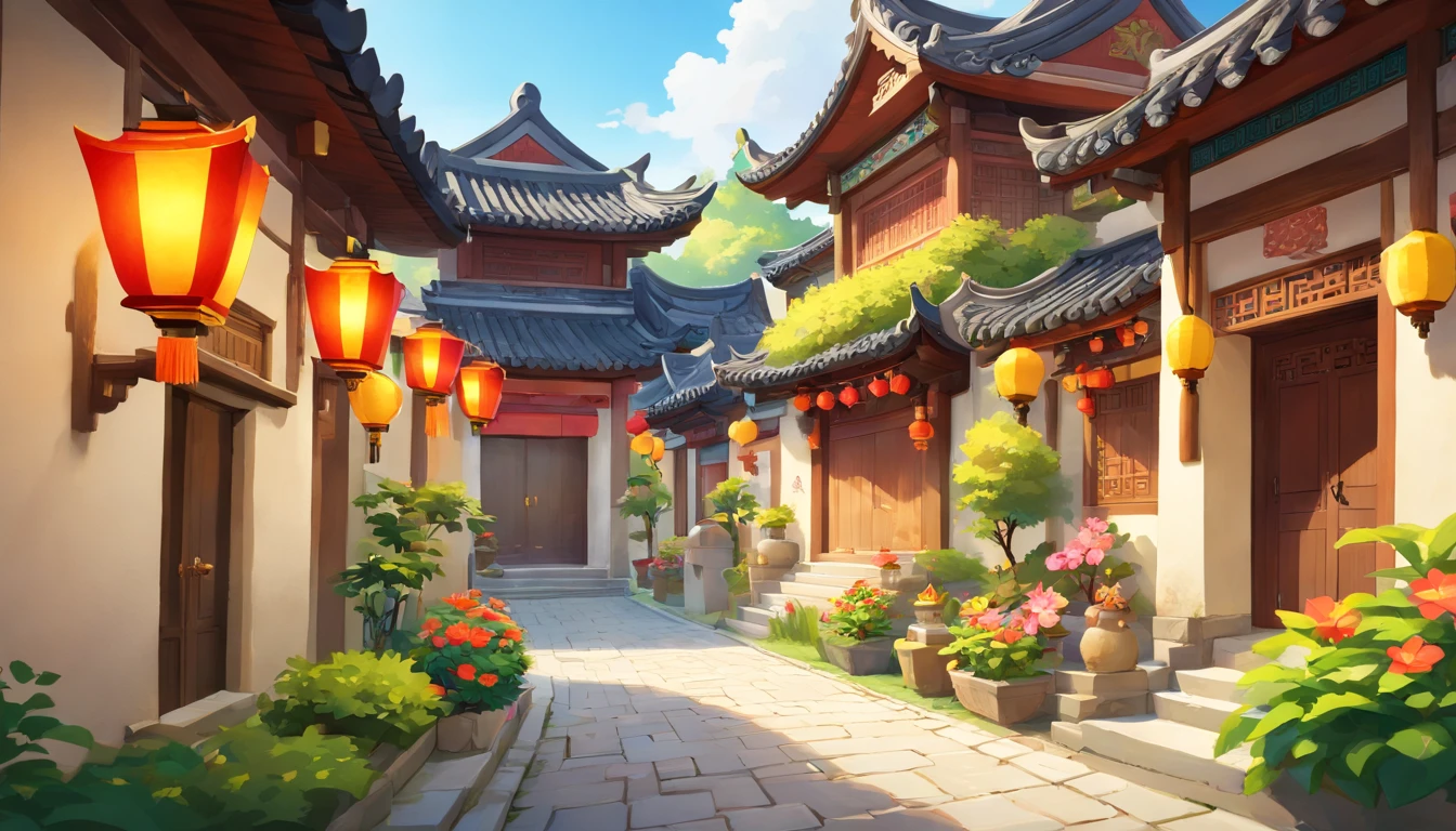 (A street in the Han Dynasty, China)，Ancient architecture of the Han Dynasty, It is vividly depicted in the work (Best quality, 8K, Advanced resolution, Masterpiece: 1.2), Has flattened details (1.4x realism, style cartoon: 1.37). The street is made up of bright colors，bathed in the warm glow of the sun, Create a cheerful and whimsical atmosphere. The house is designed with great attention to detail, Features a cartoonish design and unique architecture, 。 (The street is surrounded by lush greenery and colorful flowers), Elevate a captivating and magical environment。 The artwork showcases an illustrative style, Inspired by children's book illustrations, Ensures a glamorous and nostalgic touch. The color palette consists of bright rainbow colors, Seven colors，Evoke feelings of joy and playfulness. Lighting accentuates the picturesque scene, Create soft and warm shadows，Add depth and warmth to the artwork. Every detail is impeccablely presented, creating a visually stunning masterpiece，Capture the essence of a small town in the Han Dynasty of China.