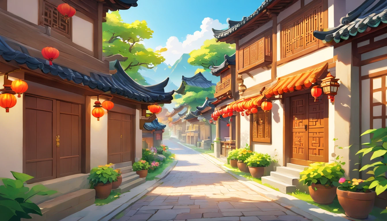(A street in the Han Dynasty, China),Ancient architecture of the Han Dynasty, It is vividly depicted in the work (Best quality, 8K, Advanced resolution, Masterpiece: 1.2), Has flattened details (1.4x realism, style cartoon: 1.37). The street is made up of bright colors,bathed in the warm glow of the sun, Create a cheerful and whimsical atmosphere. The house is designed with great attention to detail, Features a cartoonish design and unique architecture, 。 (The street is surrounded by lush greenery and colorful flowers), Elevate a captivating and magical environment。 The artwork showcases an illustrative style, Inspired by children's book illustrations, Ensures a glamorous and nostalgic touch. The color palette consists of bright rainbow colors, Seven colors,Evoke feelings of joy and playfulness. Lighting accentuates the picturesque scene, Create soft and warm shadows,Add depth and warmth to the artwork. Every detail is impeccablely presented, creating a visually stunning masterpiece,Capture the essence of a small town in the Han Dynasty of China.
