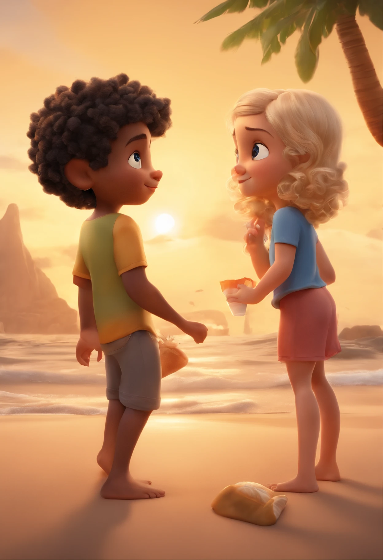 7 year boy with curly black hair and 7 year girl with curly blonde hair. The boy and girl are on the beach, the boy and girl sad face, because the beach was dirty with trash, plastic bottles, ice cream sticks, anthro, very cute film character, disney pixar zootopia character concept artwork, 3d concept, detailed fur, high detail iconic character for upcoming film, trending on artstation, character design, 3d artistic render, highly detailed, octane, blender, cartoon, shadows, lighting