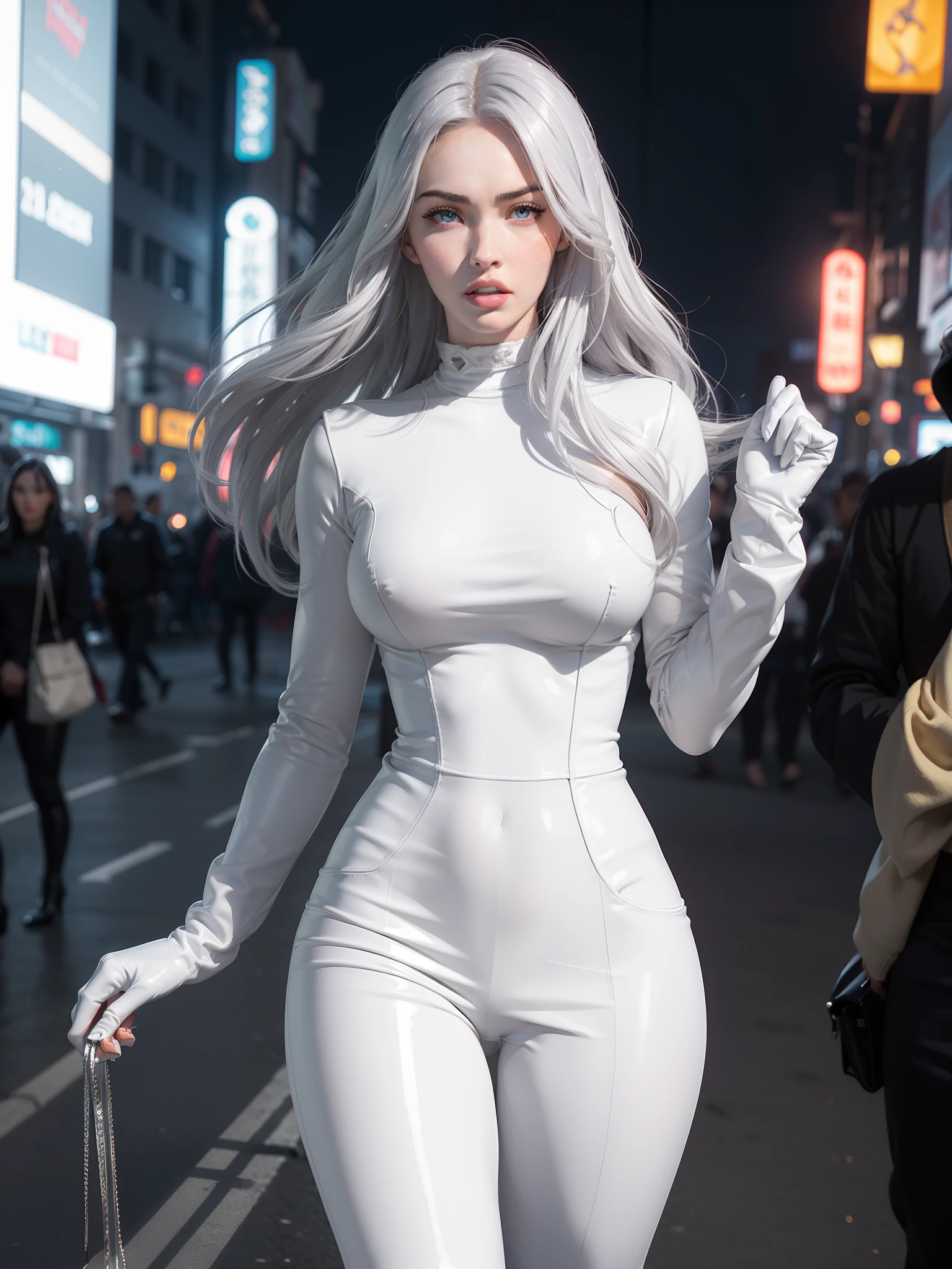 (1 lady), Megan Fox, beautiful face, silver hair, big boobs,perfect body shape, amazing eyes, wearing latex white gloves, (white tight dress +long sleeves, white tight trousers, white leather Jacket ),  (pantyhose:0.9), Canon EOS R, deep bokeh, 80mm lens, night city, London Bridge, neon lights, cinematic framing.