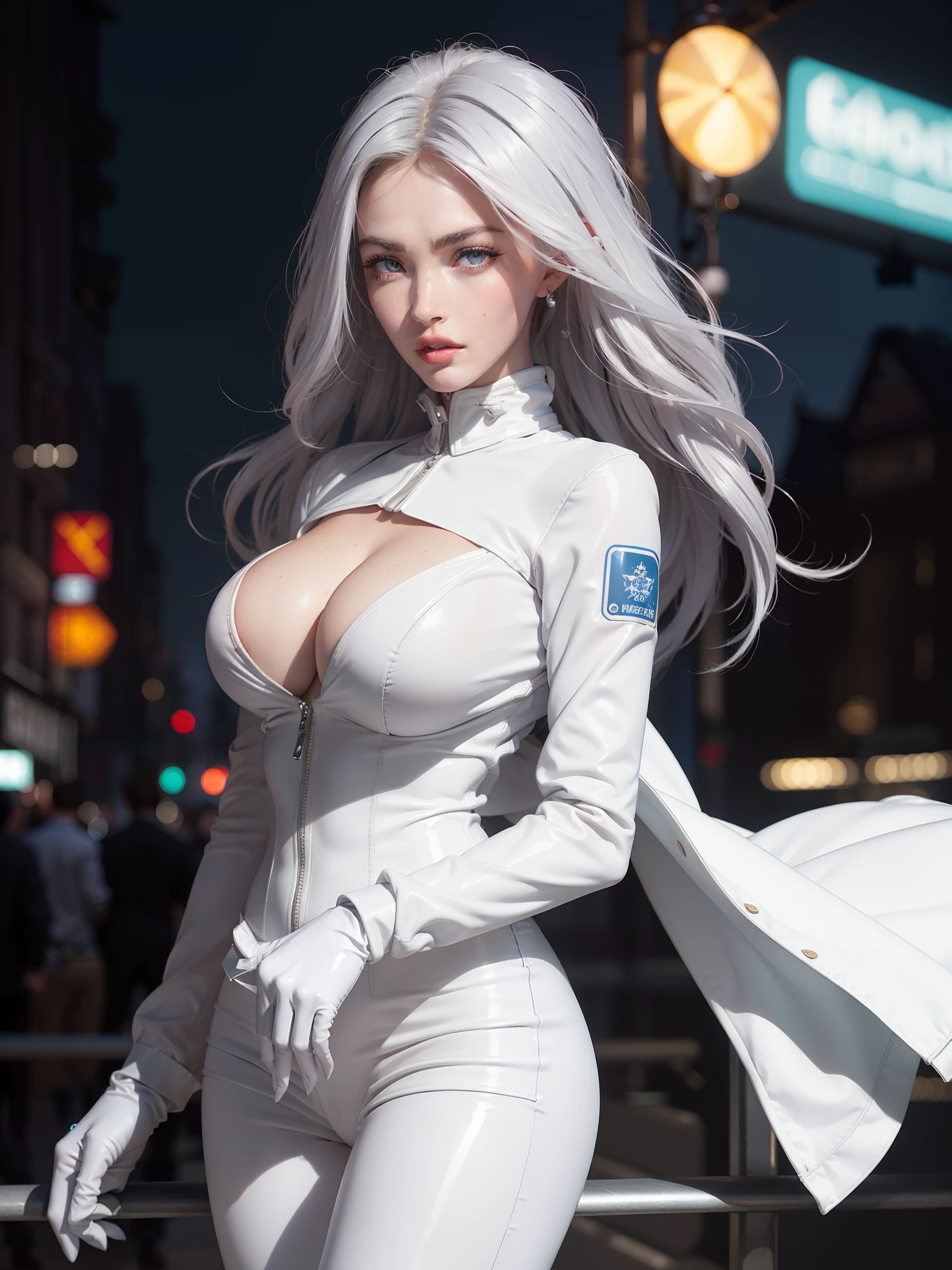 (1 lady), Megan Fox, beautiful face, silver hair, big boobs,perfect body shape, amazing eyes, wearing latex white gloves, (white tight dress +long sleeves, white tight trousers, white leather Jacket ), (pantyhose:0.9), Canon EOS R, deep bokeh, 80mm lens, night city, London Bridge, neon lights, cinematic framing.