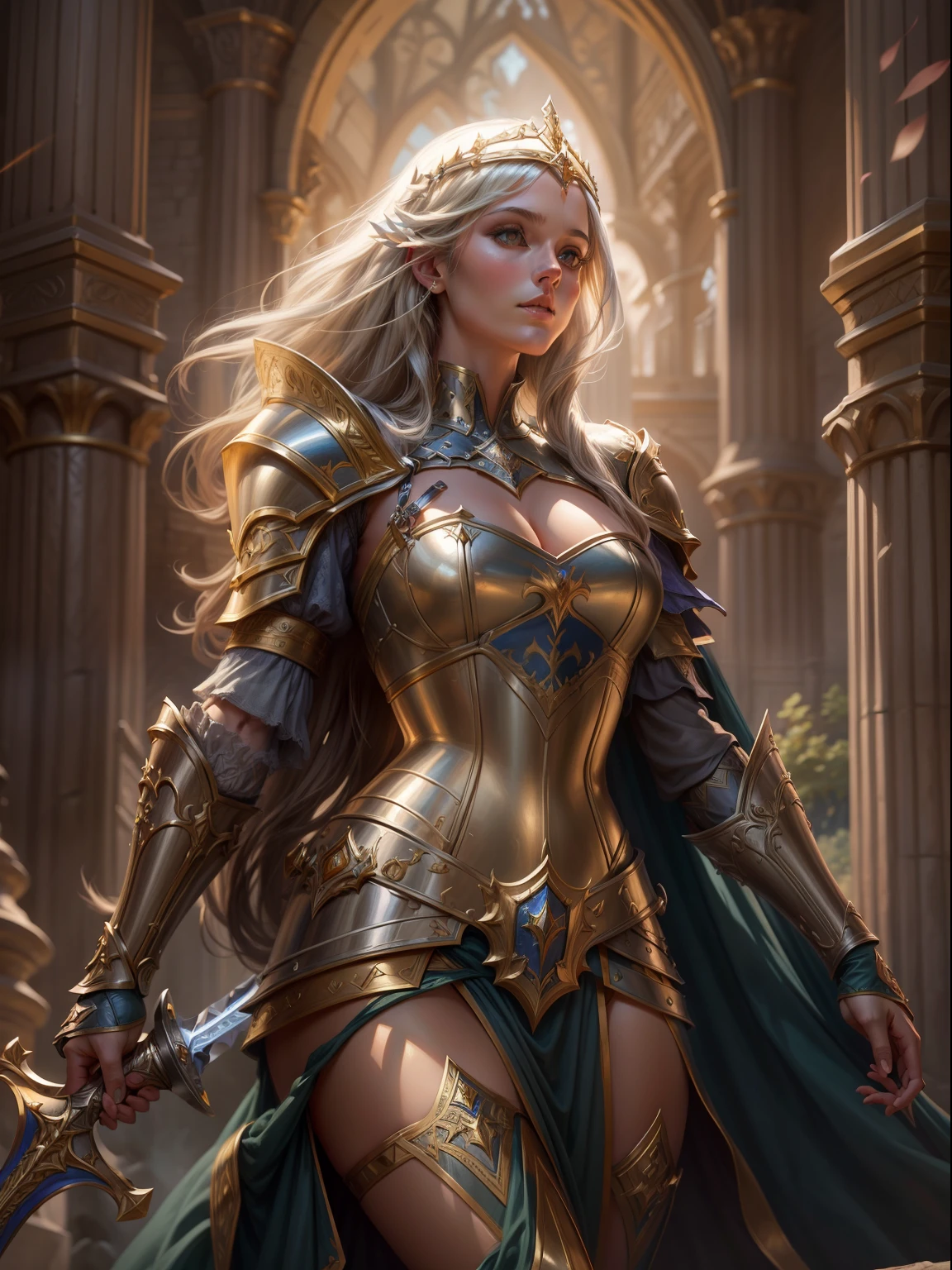 Look from the bottom up，low  angle shot，Highly detailed portrait of Paladin Guinevere，Wear armor，shelmet，epee，big sword，Cross sword，sword，Silvertone，holy rays，god light，medieval times，Noble，setia，Servant of Jesus，Solemn，Gold accents，epic fantasy digital art，devout，Victorian style，tmasterpiece，8K，high definition resolution，Detailed detail drawing，high qulity，Inspiration came from Guinevere，author:John Collier，detailed fantasy art, Fantasy cosplay portrait, Fantasy art Behance