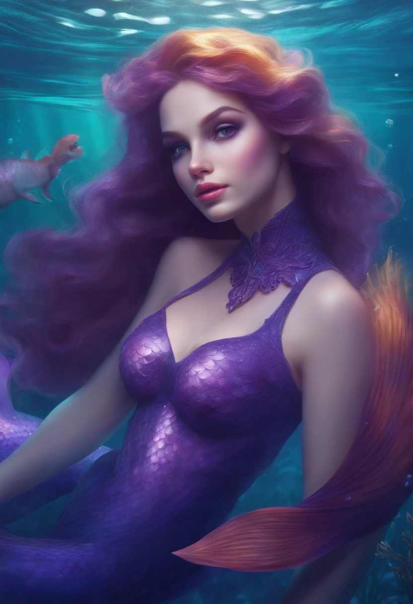 Cute purple mermaid girl underwater