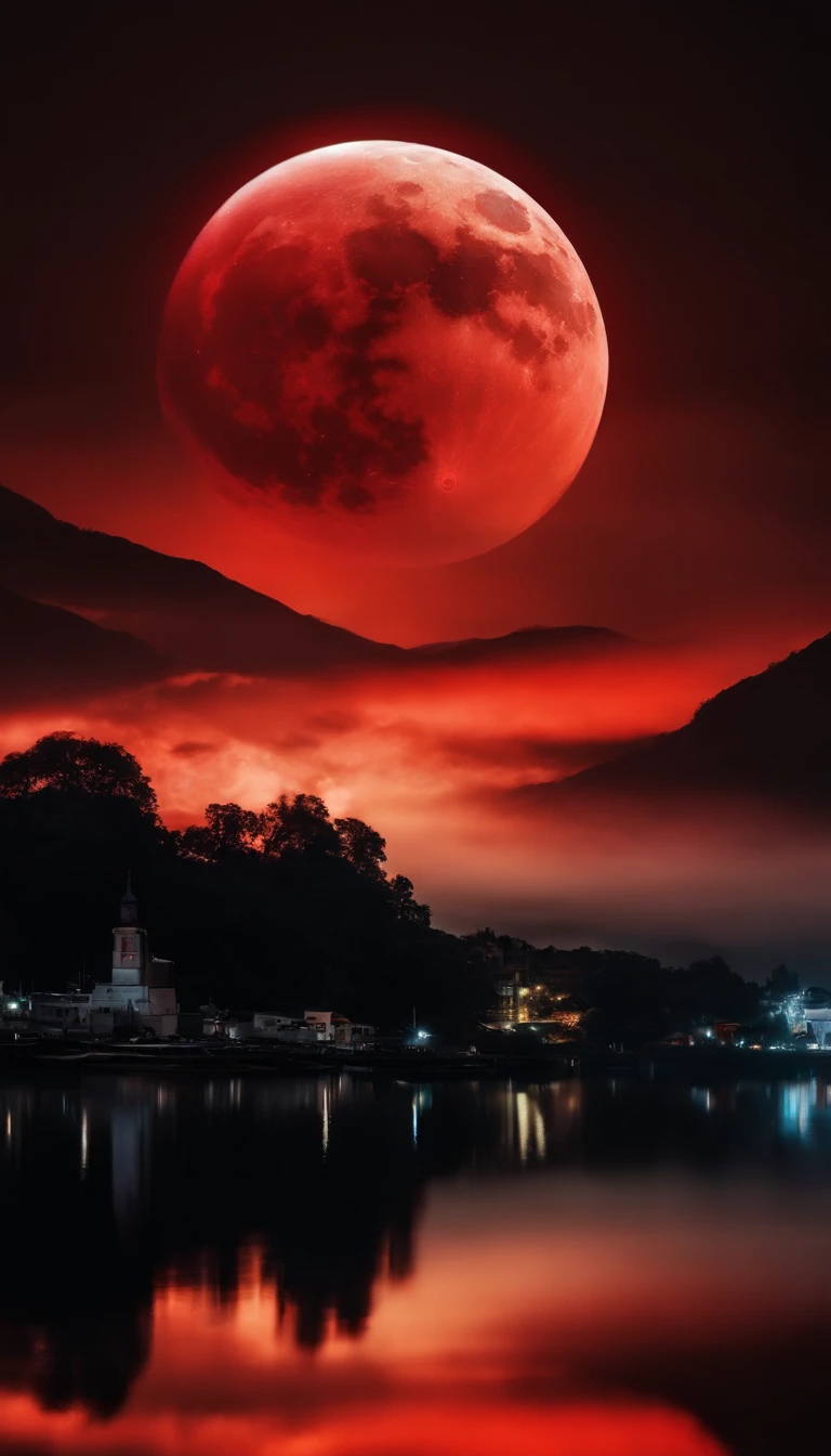 Dark night over the city, Red Moon, Red Moon with Energy Flow, Energy tides, Bad premonitions, scenery, Don't be human, There is energy flow, Highly realistic, 4K, Chiaroscuro, Ultra-high detail awaits the start