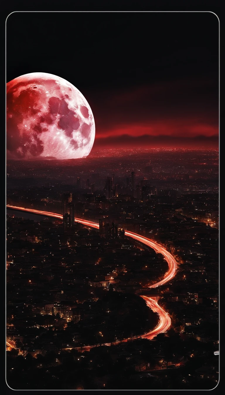 Dark night over the city, Red Moon, Red Moon with Energy Flow, Energy tides, Bad premonitions, scenery, Don't be human, There is energy flow, Highly realistic, 4K, Chiaroscuro, Ultra-high detail awaits the start