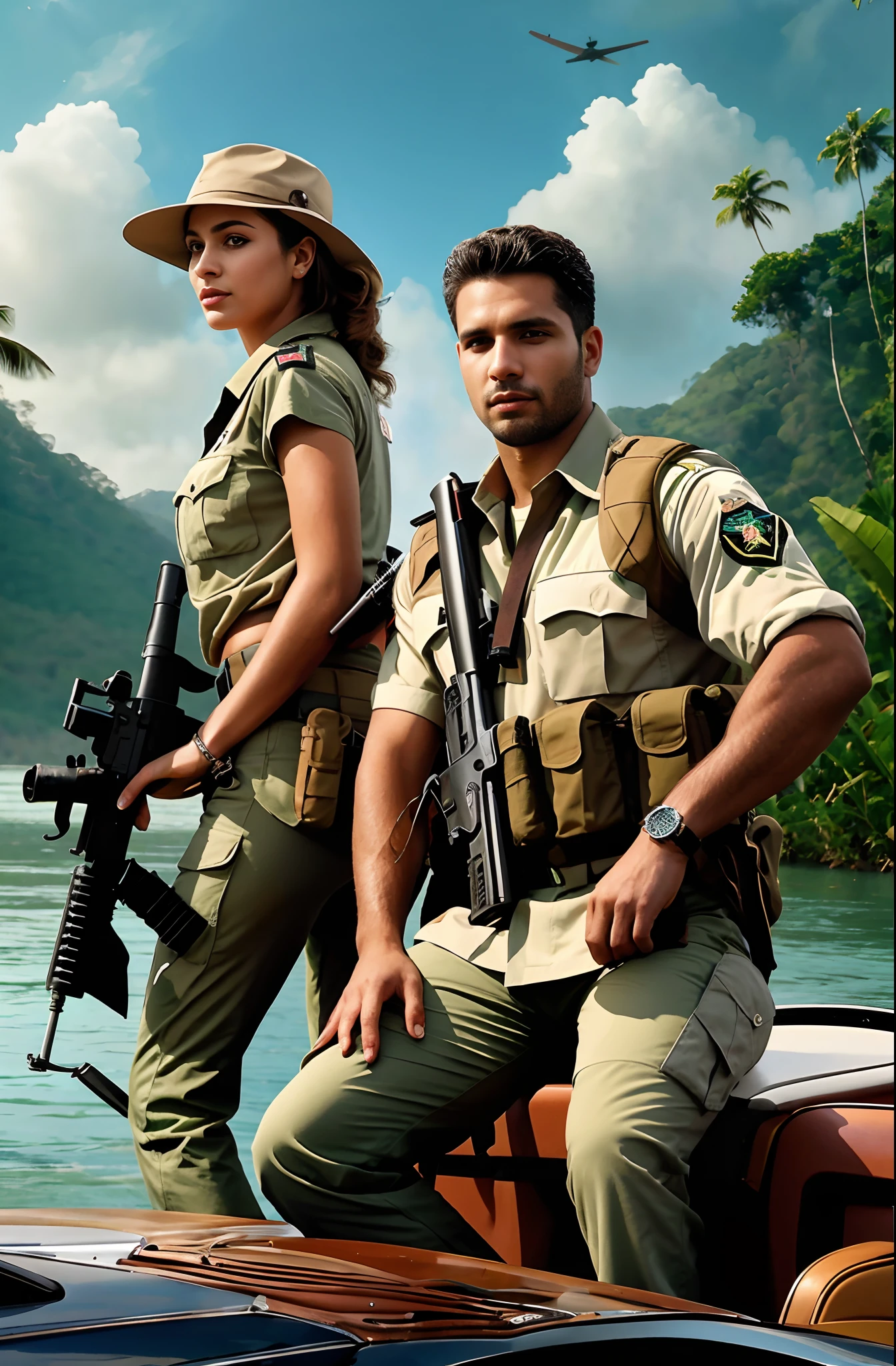 hiperrealista, There are two Brazilian people in military uniforms posing for a photo, foto promocional, cartaz do jogo, capa de romance, foto detalhada da arte do jogo, game foto, promotional render, Cartaz Promocional do Jogo, Mais detalhes, lindo guarda florestal de 40 anos de idade, na selva, bela guarda florestal 35 anos de idade, wallpaper mobile, foto de fundo, foto chave, foto do jogo de capa, arte do jogo, Selvas ao fundo, Fanart, foto de retrato, Limpeza da selva