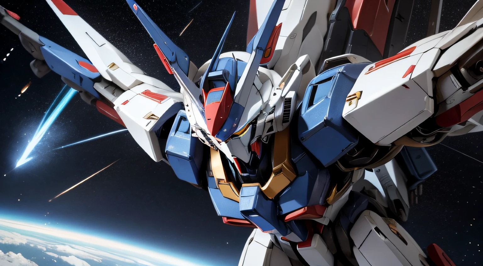 BlueＺGundam、Mobile Suit Robot、Engage fiercely with enemy robots、flying in space