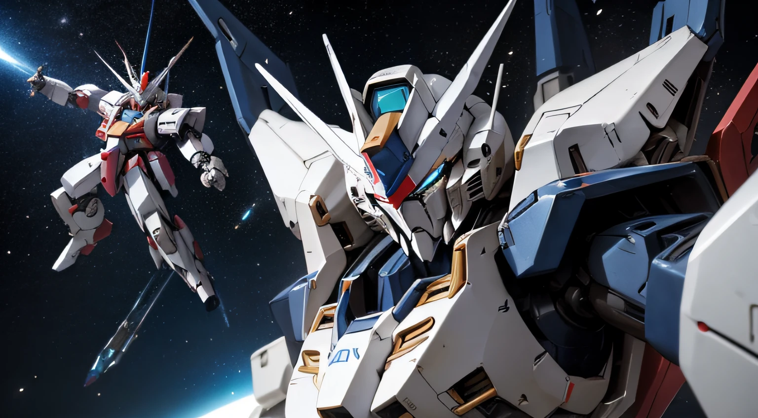 BlueZGundam、Mobile Suit Robot、Engage fiercely with enemy robots、flying in space