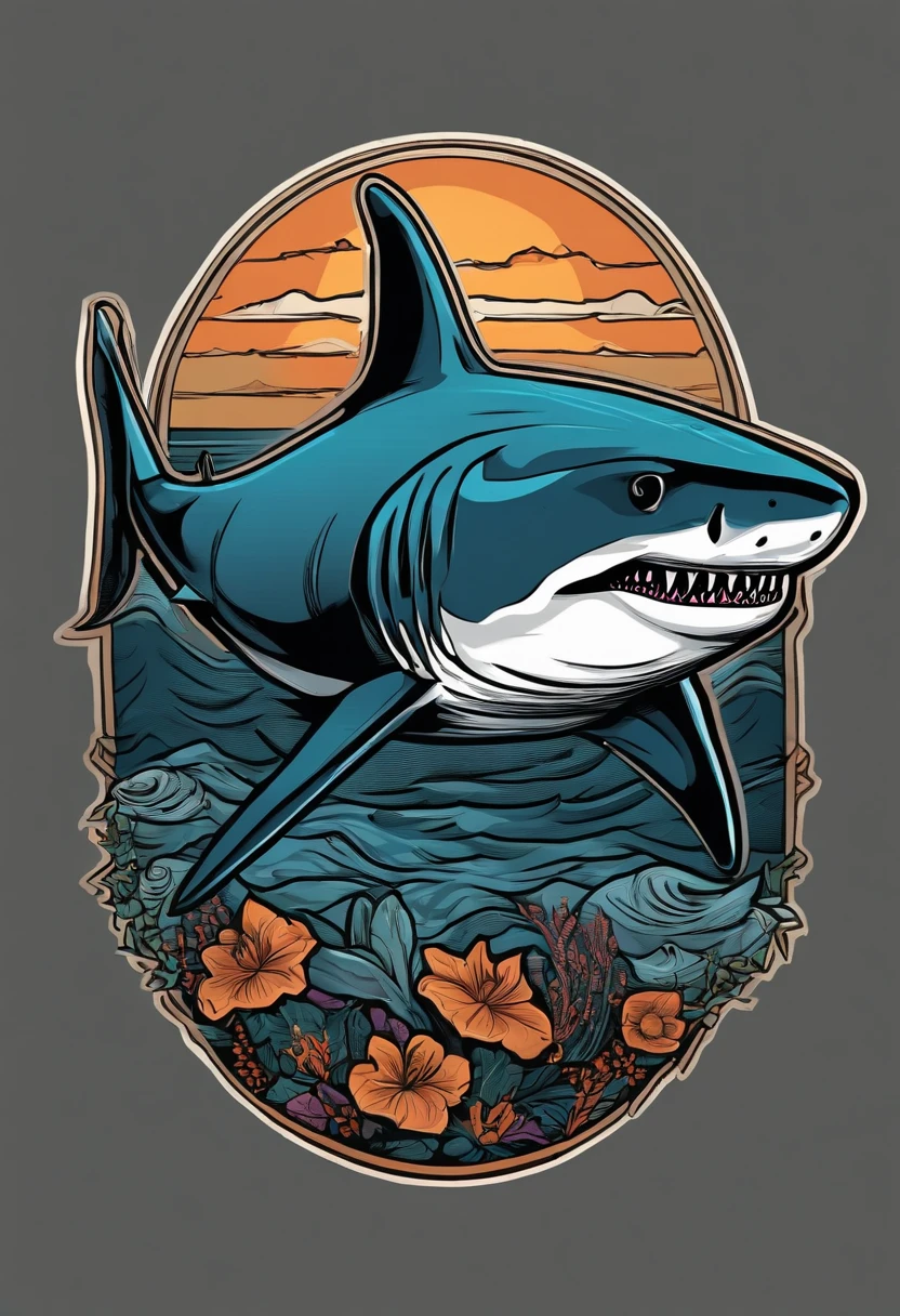 /imagine prompt: shark illustration for a sticker with a black background, in bold outline style, jagged edges, trashcore, light shading --v 5.2