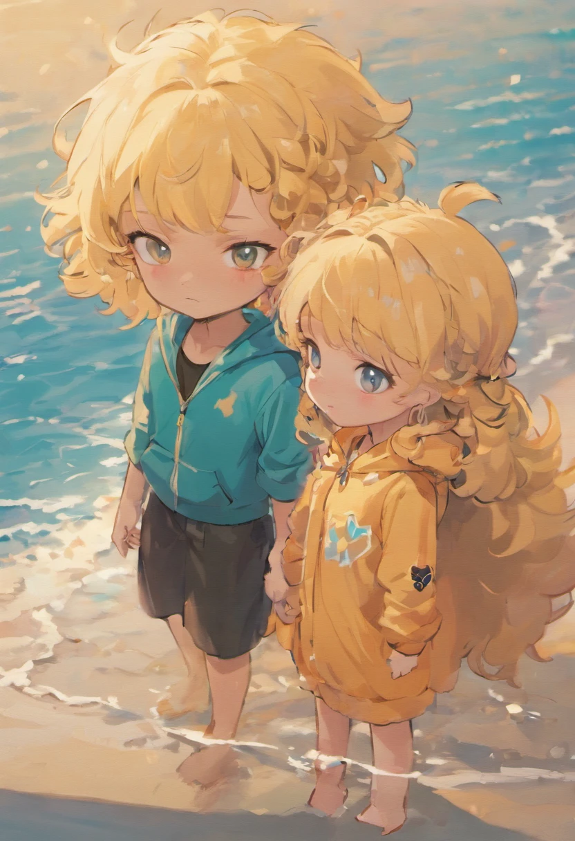 Bubuca 7 year boy with curly black hair and Bibi .7 year girl with curly blonde hair. The boy and girl are on the beach, the boy and girl sad face, because the beach was dirty with trash, plastic bottles, ice cream sticks, anthro, very cute film character, disney pixar zootopia character concept artwork, 3d concept, detailed fur, high detail iconic character for upcoming film, trending on artstation, character design, 3d artistic render, highly detailed, octane, blender, cartoon, shadows, lighting