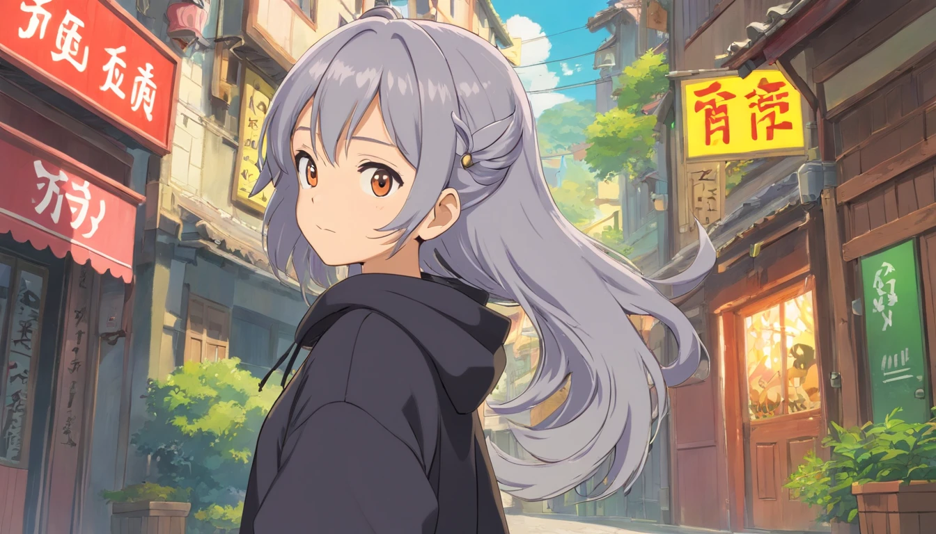 With high image quality、Rich in detail、Twin-tailed silver-haired girl posing cutely。I'm wearing a vintage gothic street hoodie。You can also see big。The photo is a close-up of the face、It also has a sporty atmosphere.。Big buttocks。The navel is also sticking out。