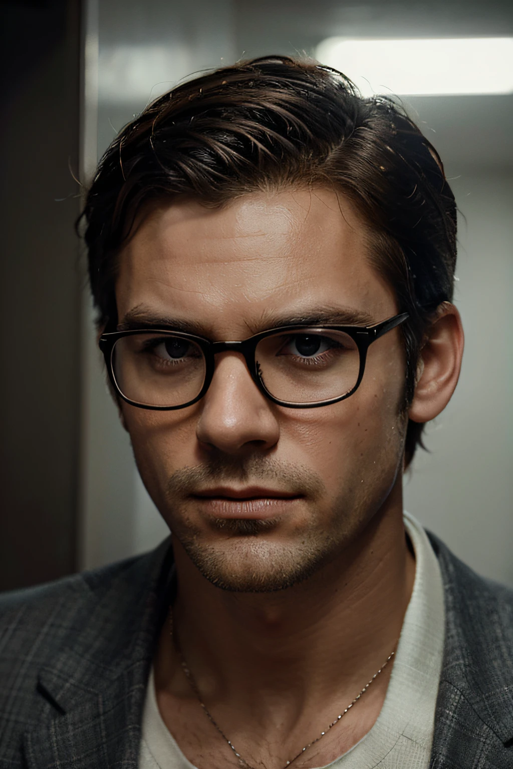 Realistic movie star portraits in bland environments. Male, Short hair, unshaved, Smart look, eye glass，handsome, close face