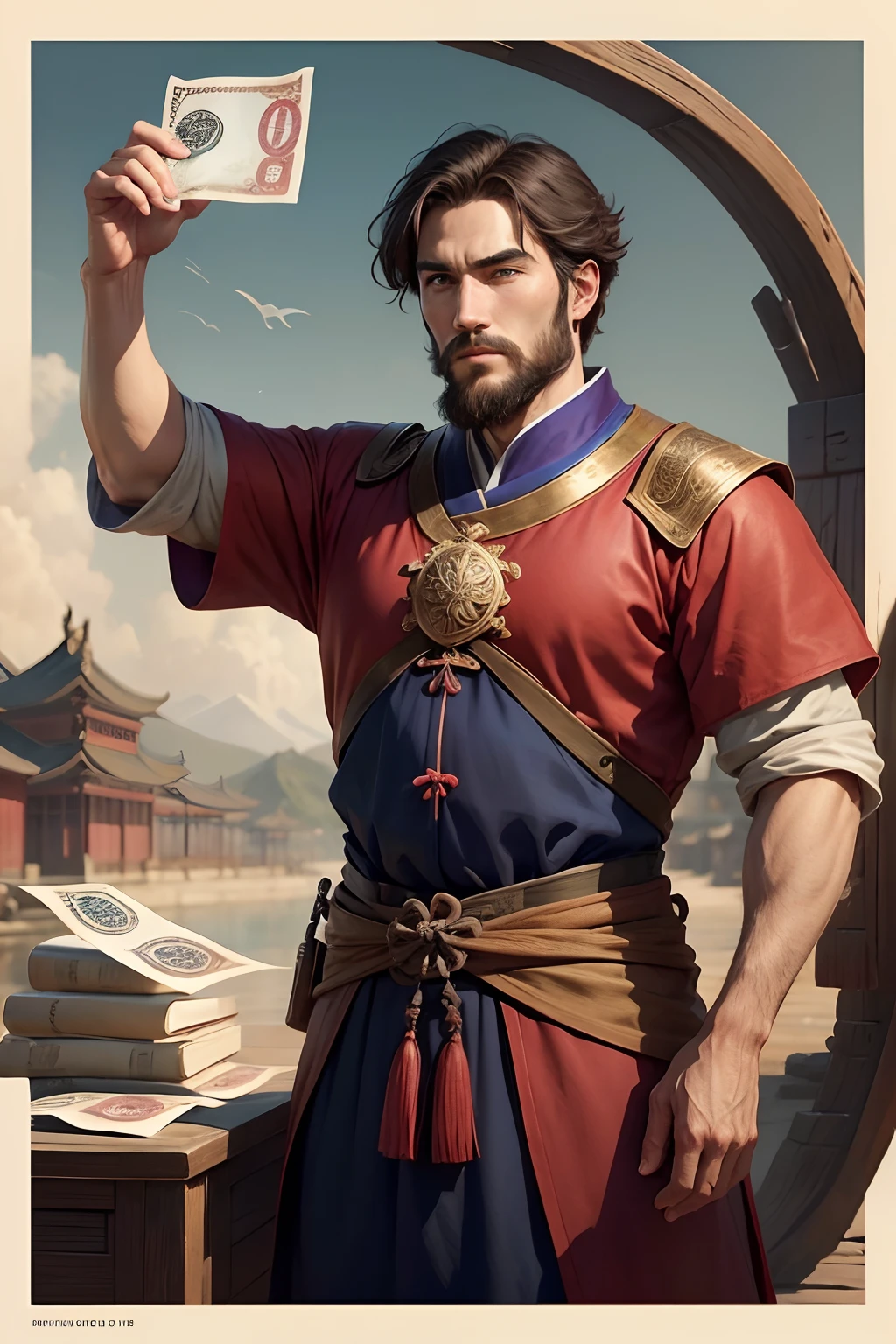 Generate 9:16 image of Marco Polo in awe as he encounters Chinese paper money during his travels, in old classic vintage colors of 13th century China, Marco Polo the famed explorer, encountered paper money during his travels in China in the 13th century, marveling at its convenience