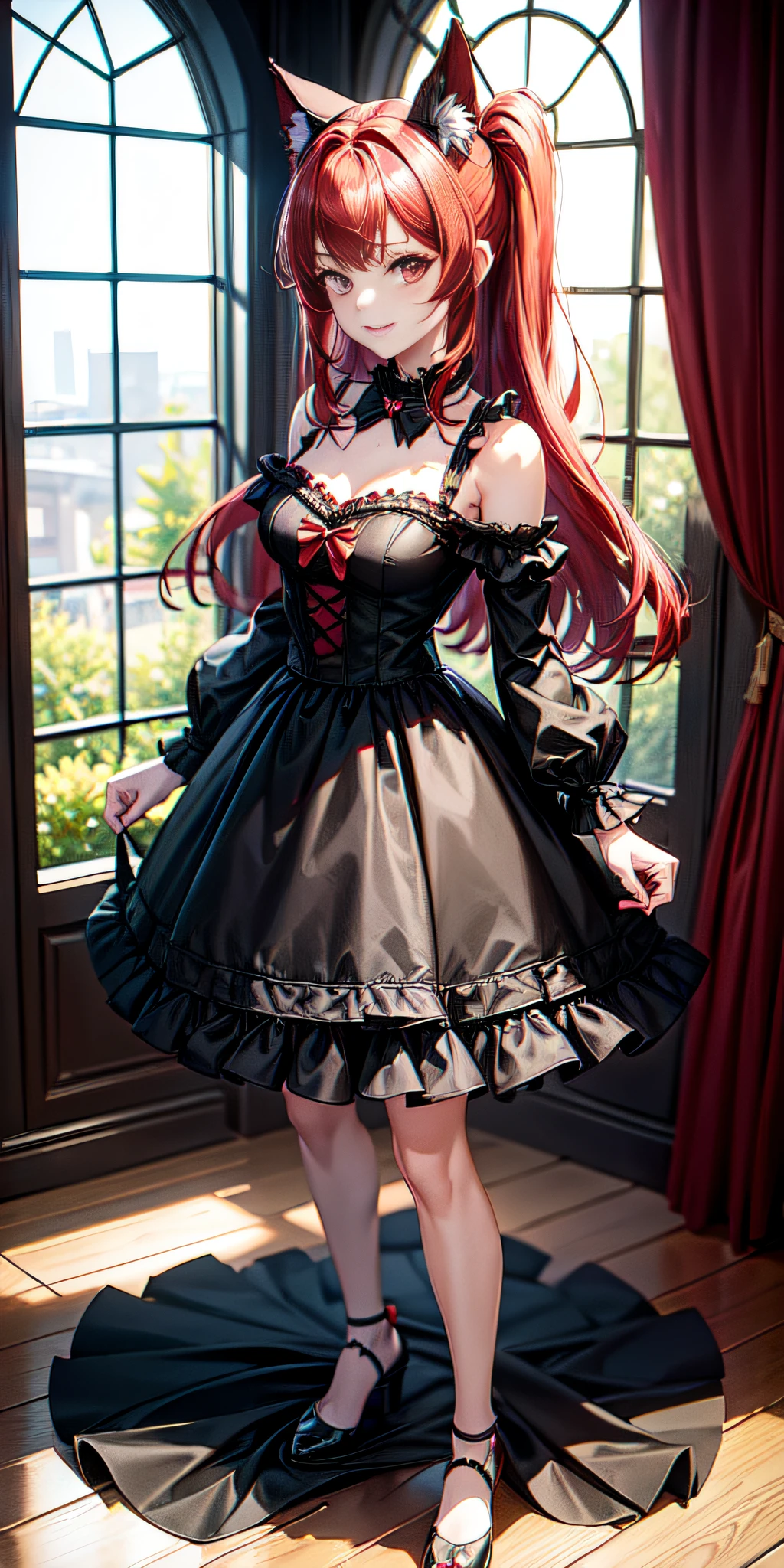 (((red hair with a twin half tail), a smile, a young girl of 18 years old, Cute symmetrical face, Black cat ears, red eyes, (Ruffled clothes, Black lace clothes), Interior Green color, a girl, full body, A masterpiece of 2D art, (Masterpiece,Top image quality:1.3),(Details:1.2),(1 girl in), All-black maid clothing, dark night)))