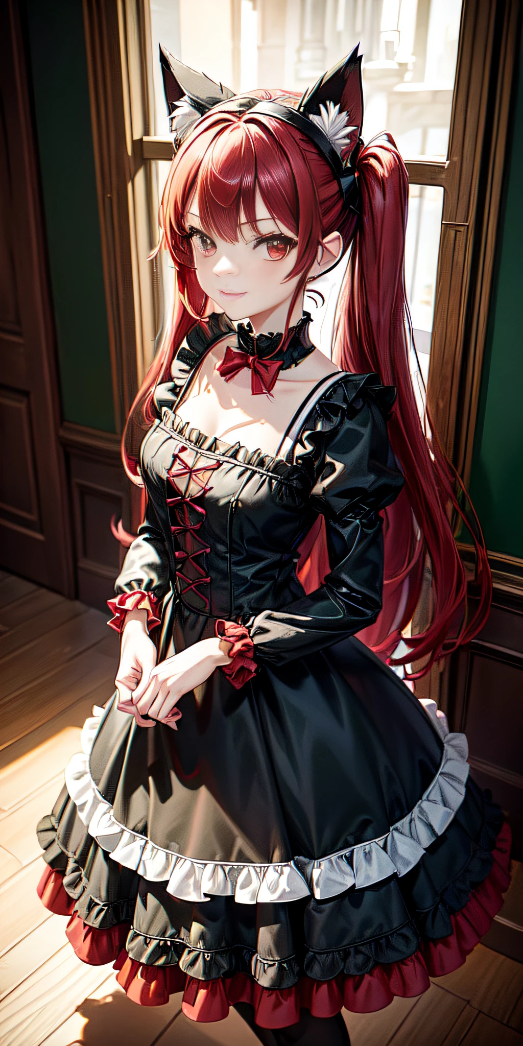 (((red hair with a twin half tail), a smile, a young girl of 18 years old, Cute symmetrical face, Black cat ears, red eyes, (Ruffled clothes, Black lace clothes), Interior Green color, a girl, full body, A masterpiece of 2D art, (Masterpiece,Top image quality:1.3),(Details:1.2),(1 girl in), All-black maid clothing, dark night)))