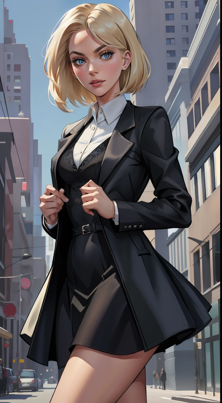 Gwen Stacy in modern short Frock coat, modern school skirt and longer dress, modern fashion, black short Frock coat fashion, beautiful Gwen stacy, modern short Frock coat instead of spider woman costume, describe in a concise and modern fashion