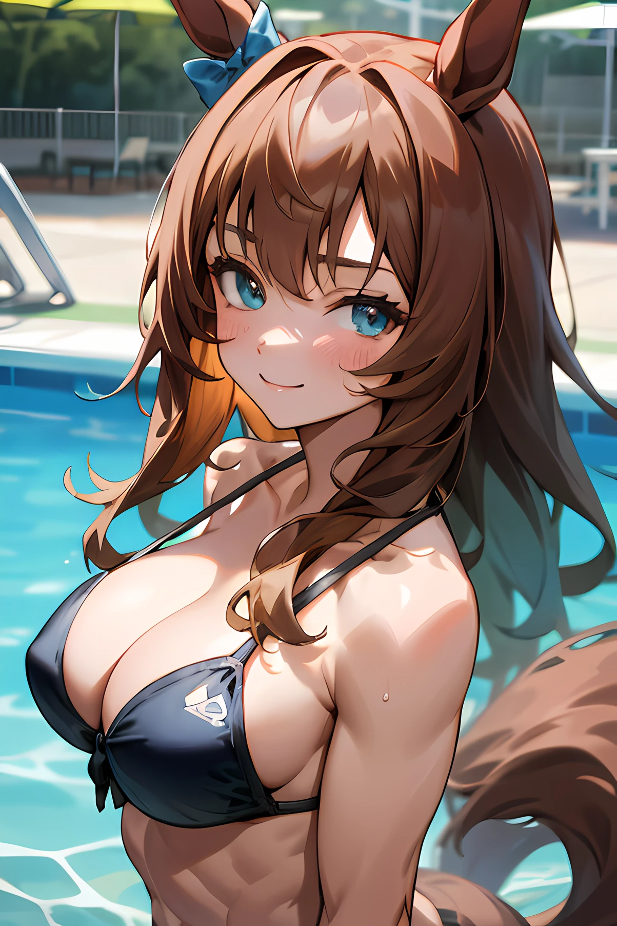 maruzensky \(umamusume\), ((ultra-detailed face)), (bikini), masterpiece, best quality, front, (abs), muscular girl, horse tail,smile, pool, upper body, big tits