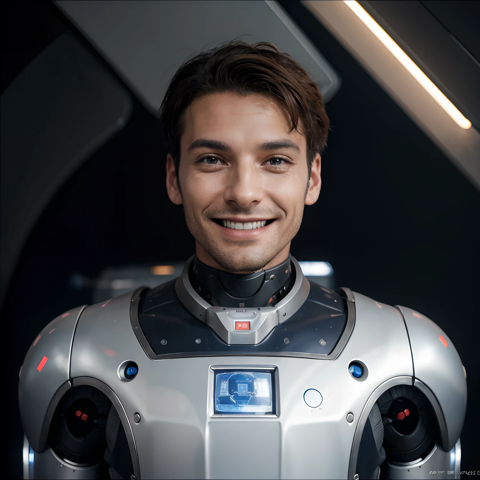 IA robot homme amicale posant sur une photo dans l'espace, regarde le public, flotte dans l'espace, Planet Earth is lagging behind, il a un sourire gentil qui peut te faire rire, Its body is made of metal, robot du futur, Robot futuriste, 8k, homme, Realstic