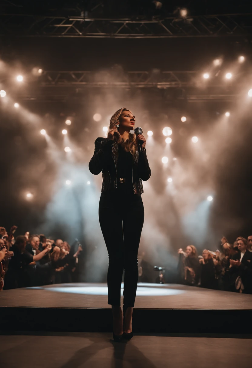 Araffe woman in black jacket standing on stage with microphone, um retrato de Emma Andijewska, pexels, realismo, Tirado com Canon 5D MK4, Apresentando-se no palco, 2 0 1 8, 2018, Violeta Myers, 2017, 2 0 1 7, Executar, Malika Favre