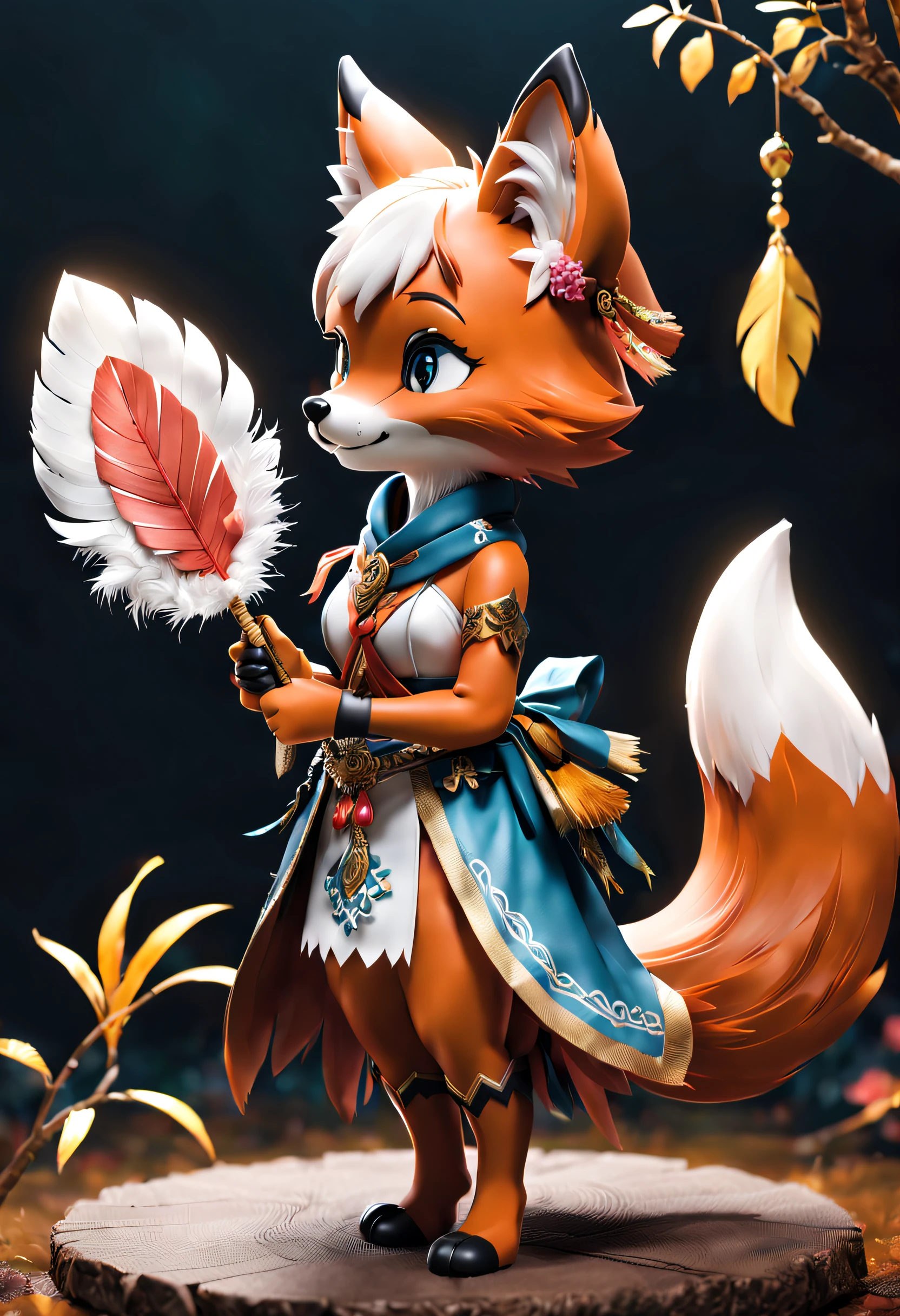 full body Esbian、Cool fox、Pop Fox、diorama、symple background、White background、bandana、Holding a feather fan in your hand、​masterpiece, Best Quality, Capture super cute moments, depth of fields, ultra-detailliert, Ultra High Resolution, Octadale, 8K, 16 K