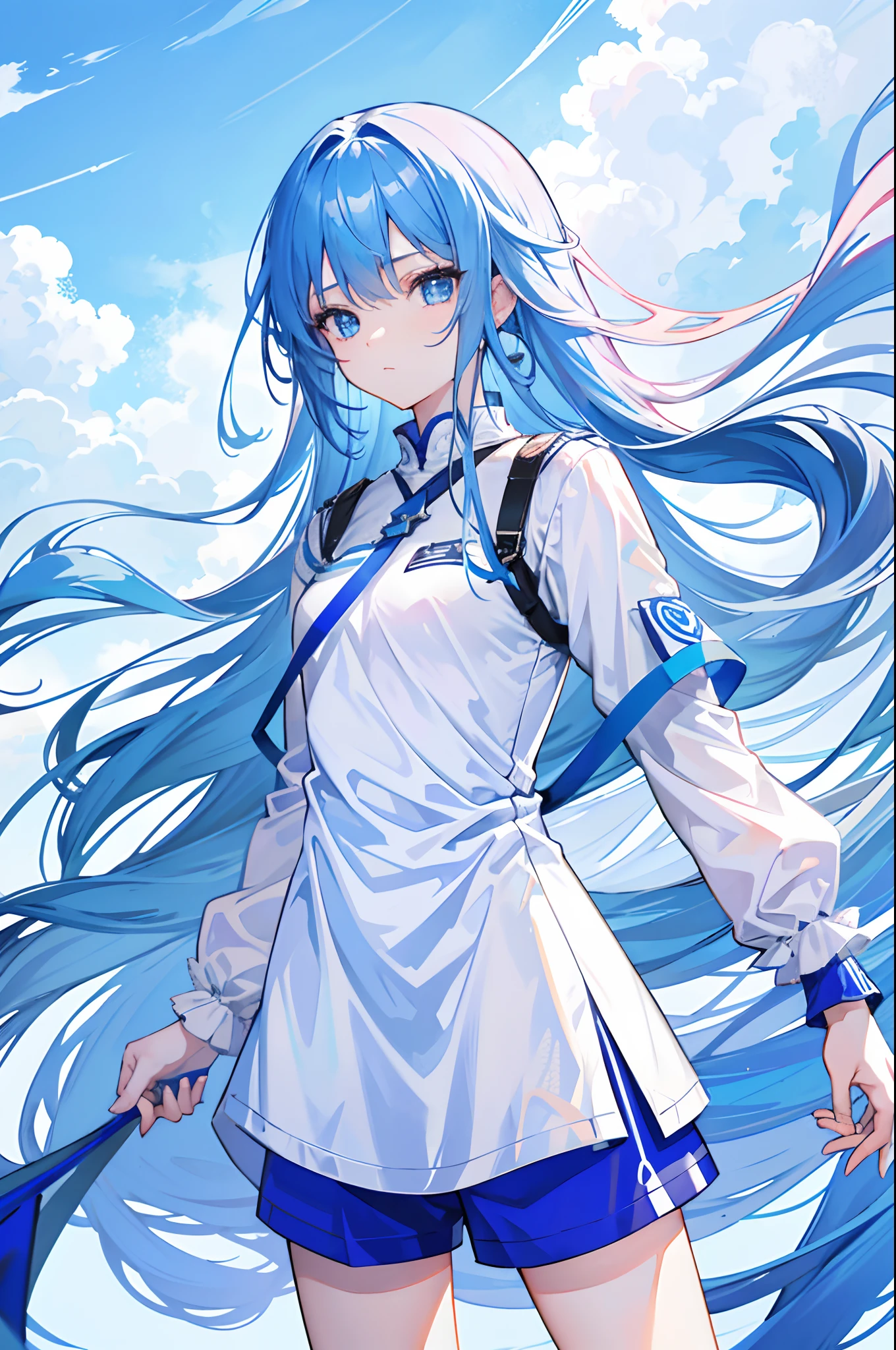 1 girl, long blue hair, blue eyes, plain white shirt, white shorts, blue sky background, absurdres, high res, ultrasharp, 8K, masterpiece, looking at viewer