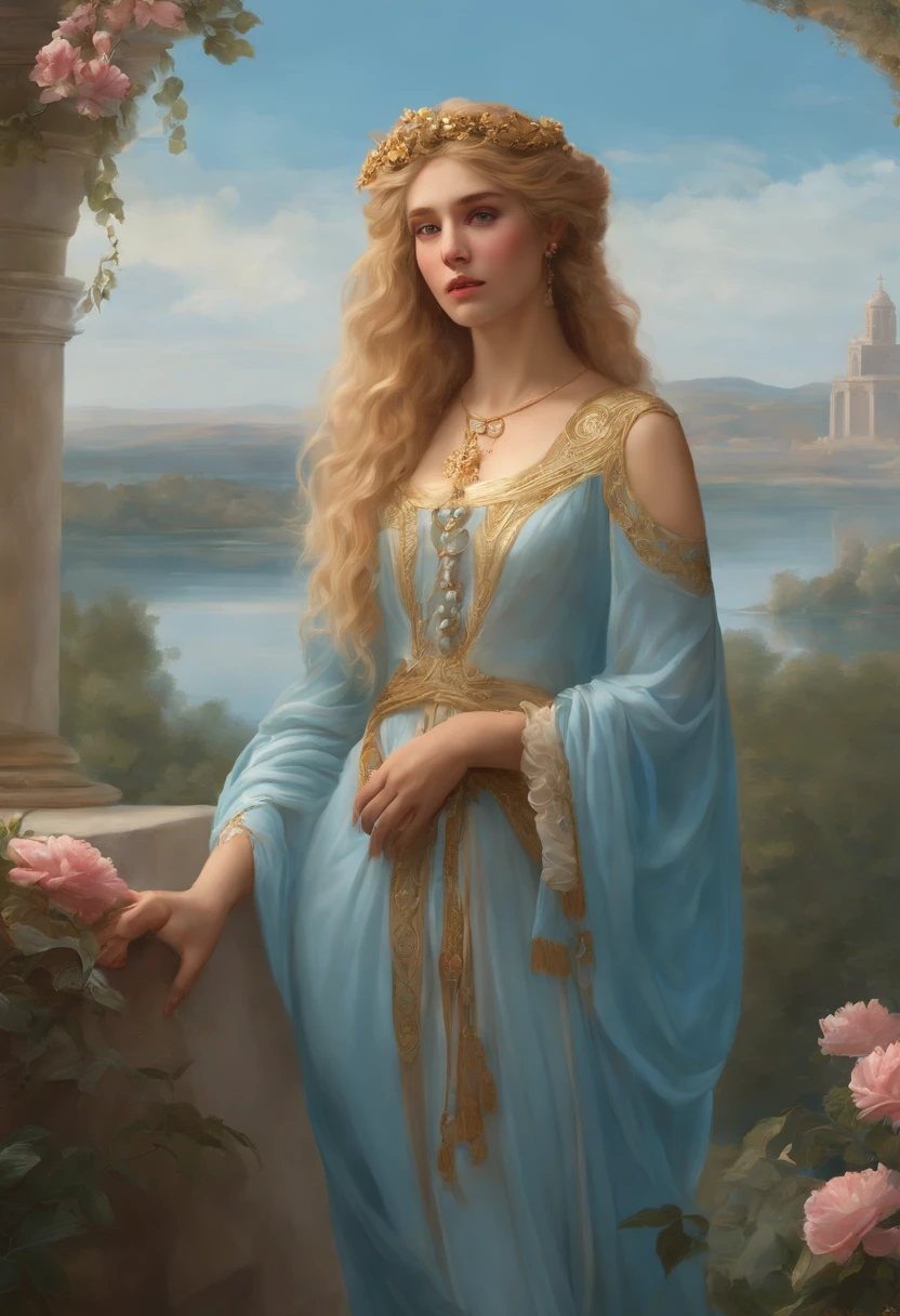 pleading eyes, pleading expression, (sky blue with white lines and golden hair aesthetic), pale, standing, Valyrian blonde, wavy hair, Greek toga, Roman clothes, large breasts, colourful castle drowning in swamp, big boobs, full body covered in Tzeentchian jewellery, perfect body 19th century painting nymph, expressive, (surrounded by flowers), (ornate Rococo), (Victorian), (Pre-Raphaelite Beauty), detailed portrait, playful 18 yo , detailed cute face, freckles, dream, dreamy eyes, innocent shy maiden, (Elegant Perfectionism)