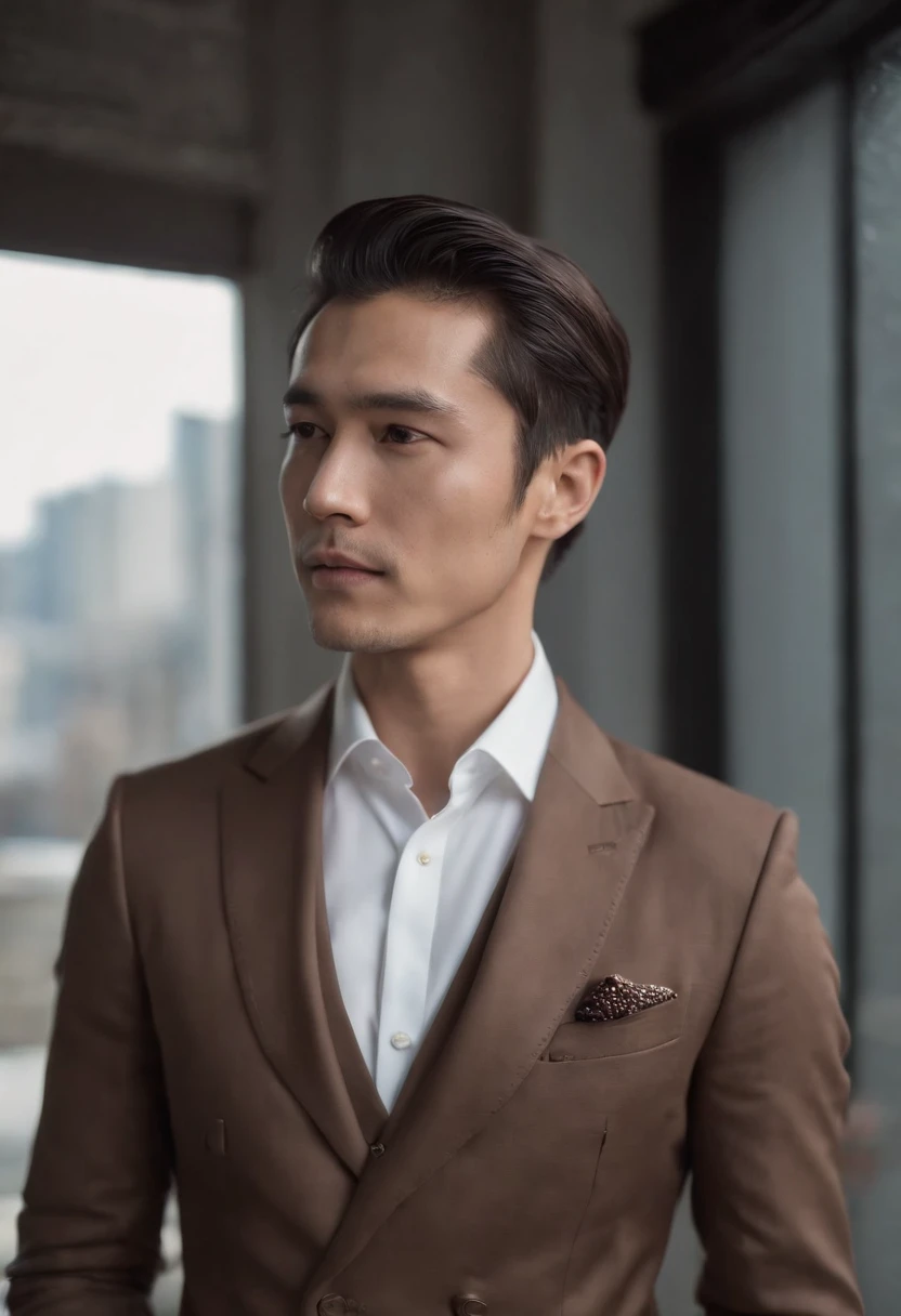 A portrait of a 30-year-old Japanese man in an elegant and luxurious business style. Vestida con un traje sastre marron de Gucci, Camisa de vestir blanca, Corbata de seda azul, y zapatos brogue de cuero ?????. El aspecto es elegante y refinado.　Un peinado de negocios elegante para invierno. Un buen, Slicked-back look with a strong hold, giving a mature and self-confident appearance., fondo oscuro.
