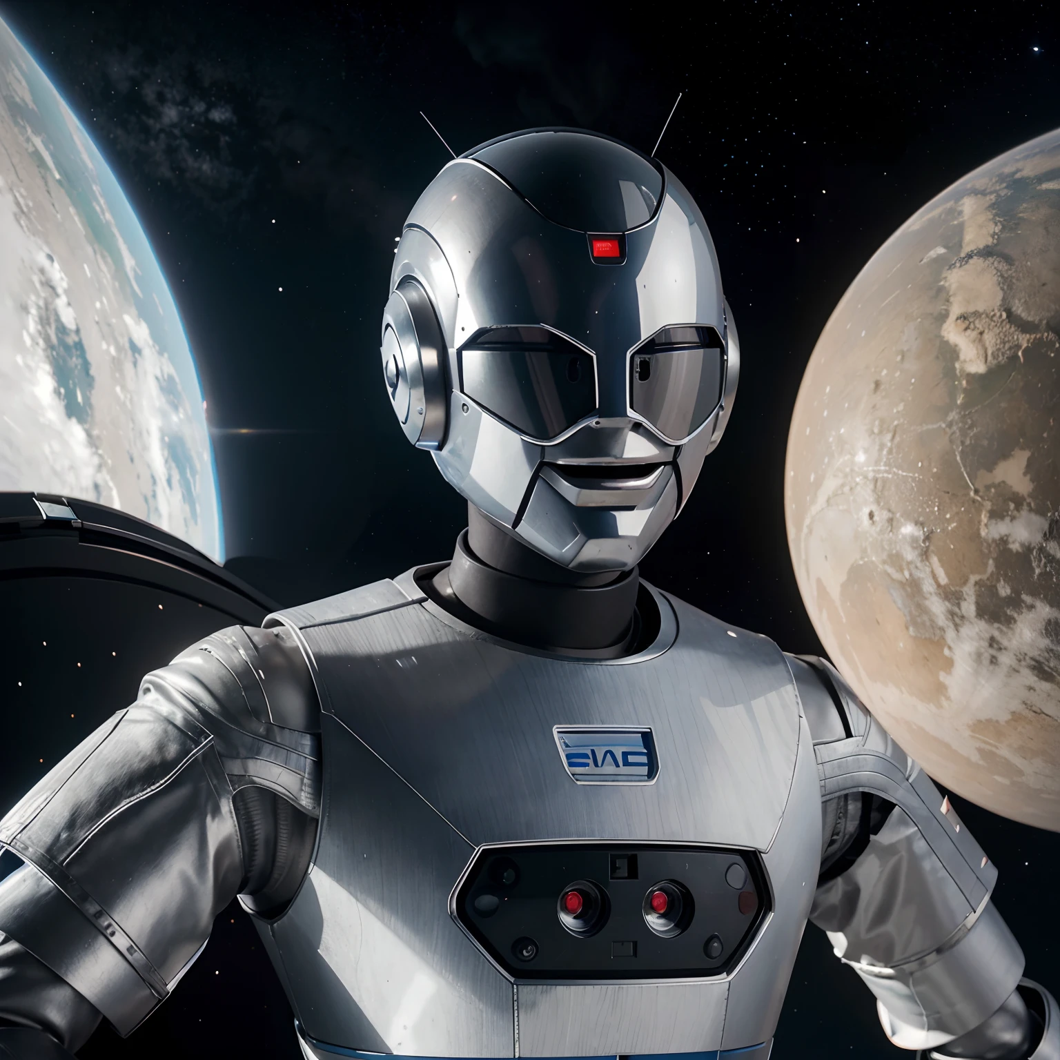 IA robot homme amicale posant sur une photo dans l'espace, regarde le public, flotte dans l'espace, Planet Earth is lagging behind, il a un sourire gentil qui peut te faire rire, Its body is made of metal, robot du futur, Robot futuriste, 8k, homme, Realstic