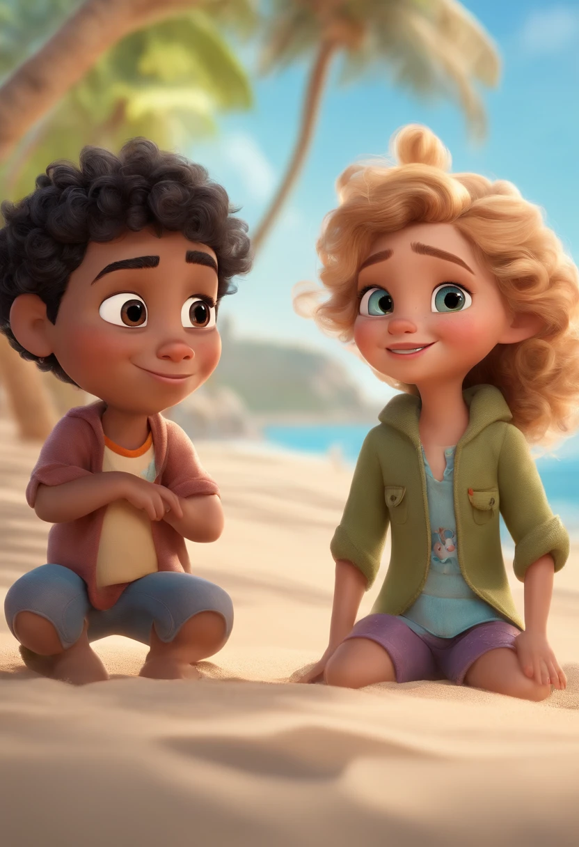 7 year boy with curly black hair and 7 year girl with curly blonde hair. The boy and girl are on the beach, teve boy and girl sad face, because the beach was dirty with trash, plastic bottles, ice cream sticks, anthro, very cute film character, disney pixar zootopia character concept artwork, 3d concept, detailed fur, high detail iconic character for upcoming film, trending on artstation, character design, 3d artistic render, highly detailed, octane, blender, cartoon, shadows, lightinga close up of a couple of dolls holding hands, disney character style, disney render, movie promotional image, medium shot of two characters, official illustration, animation character, animation film, pixar character design, in style of disney animation, pixar cute character design, disney pixar movie still, 3d characters, promotional render, animated film, official render, disney character