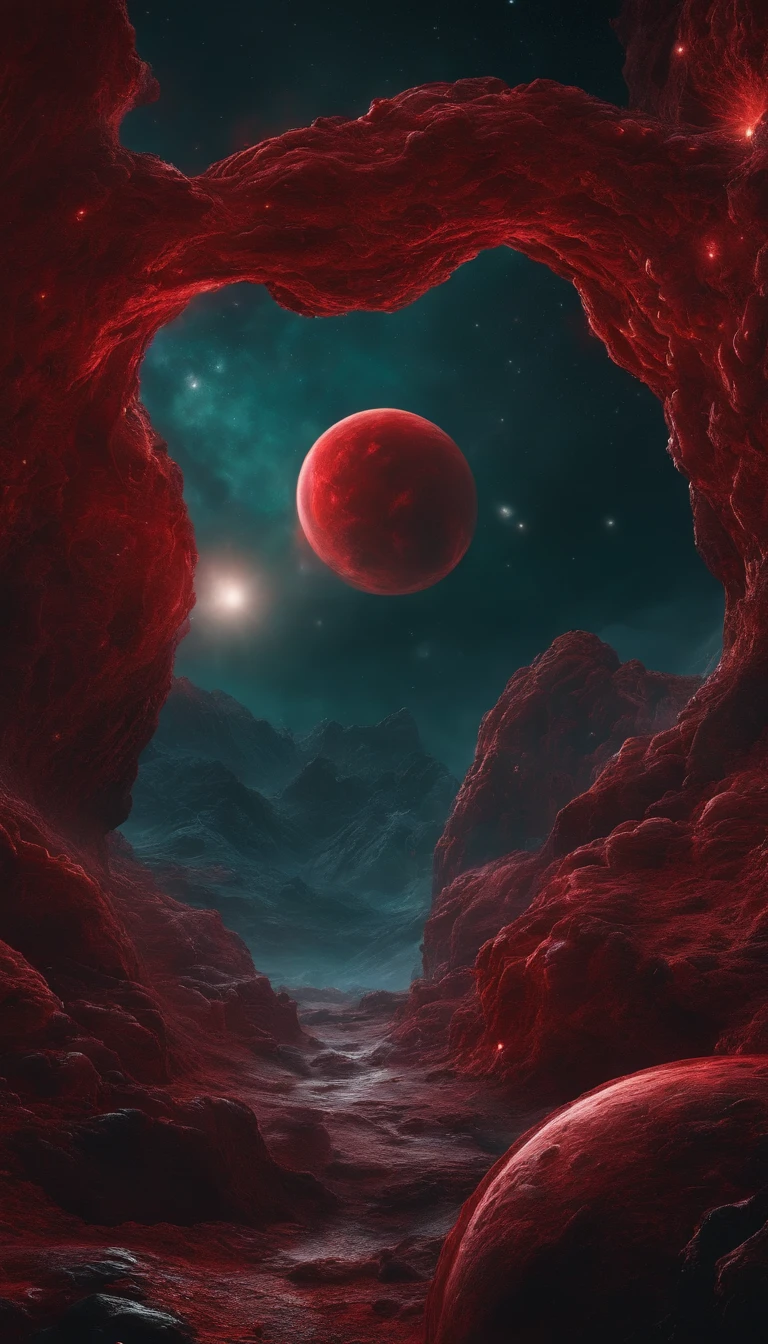 mutating planet, covered in fleshy blood red surface, vivid cosmic backdrop, in outer space, lovecraftian