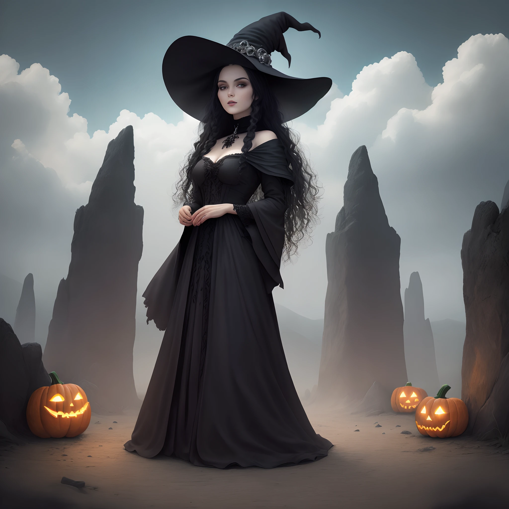 A beautiful black witch in flowing gothic robes, Am Rande eines Abgrunds stehend mit Blick auf eine verwunschene Landschaft,skulls , Pumpkin, Ihre Anwesenheit soll sowohl Angst als auch Faszination hervorrufen.., And the sky above must be full of ghostly apparitions. Emulate the intriguing qualities of magic: Die Kunst der Versammlung, um diese gruselige Szene darzustellen.