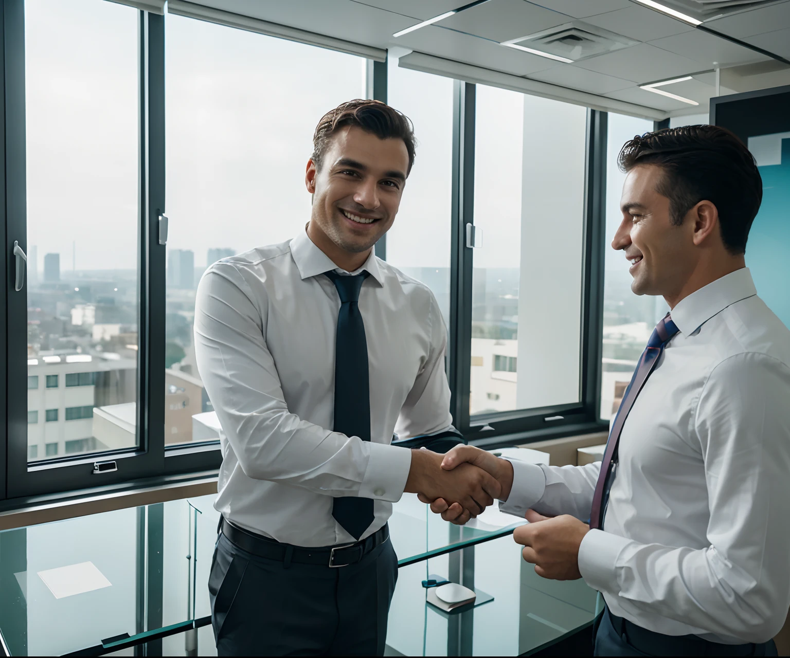 (a) swiss businessman,(a) businessman,smiling,businessman in an office,well-dressed,businessman shaking hands,professional,confident,successful,friendly businessman,successful handshake,positive interaction,trustworthy businessman,trustworthy handshake,meeting in an office,successful meeting,office environment,modern office,high-rise office building,large windows,(best quality),(ultra-detailed),ultra-sharp focus,vivid colors,professional lighting,realistic,portrait photography,neutral color palette,soft lighting